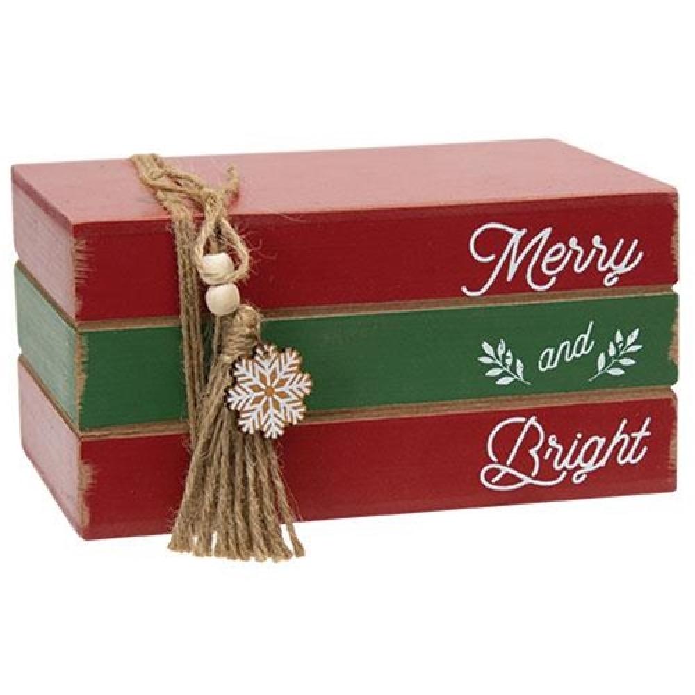 Merry and Bright Wooden Stacked Books - Rustic Home Decor for Christmas, Bookshelf Display, and Holiday Gift Giving