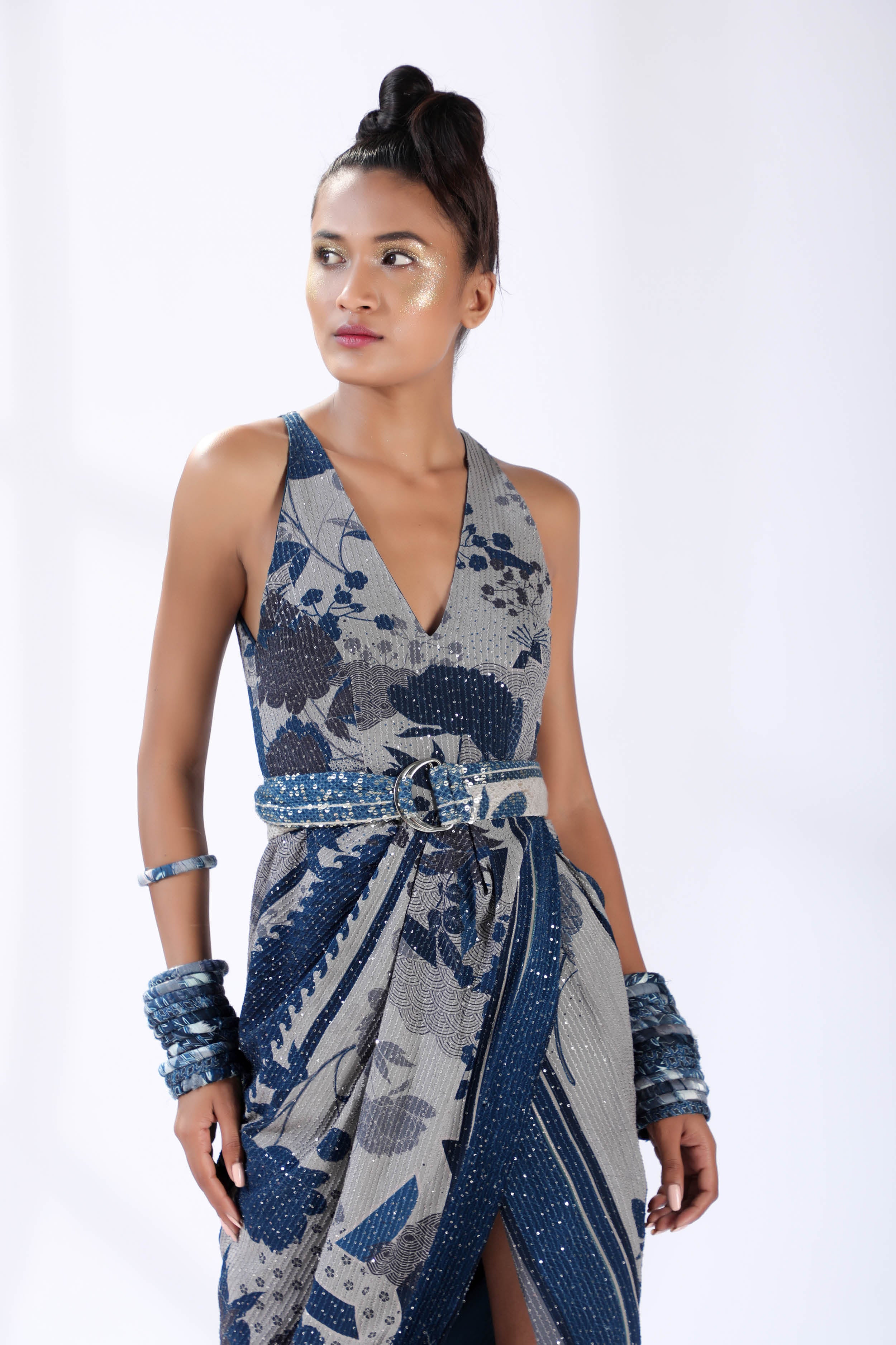 Elegant Indigo Blue Floral Print Wrap Dress with Adjustable Belt - Perfect for Weddings, Parties & Special Occasions
