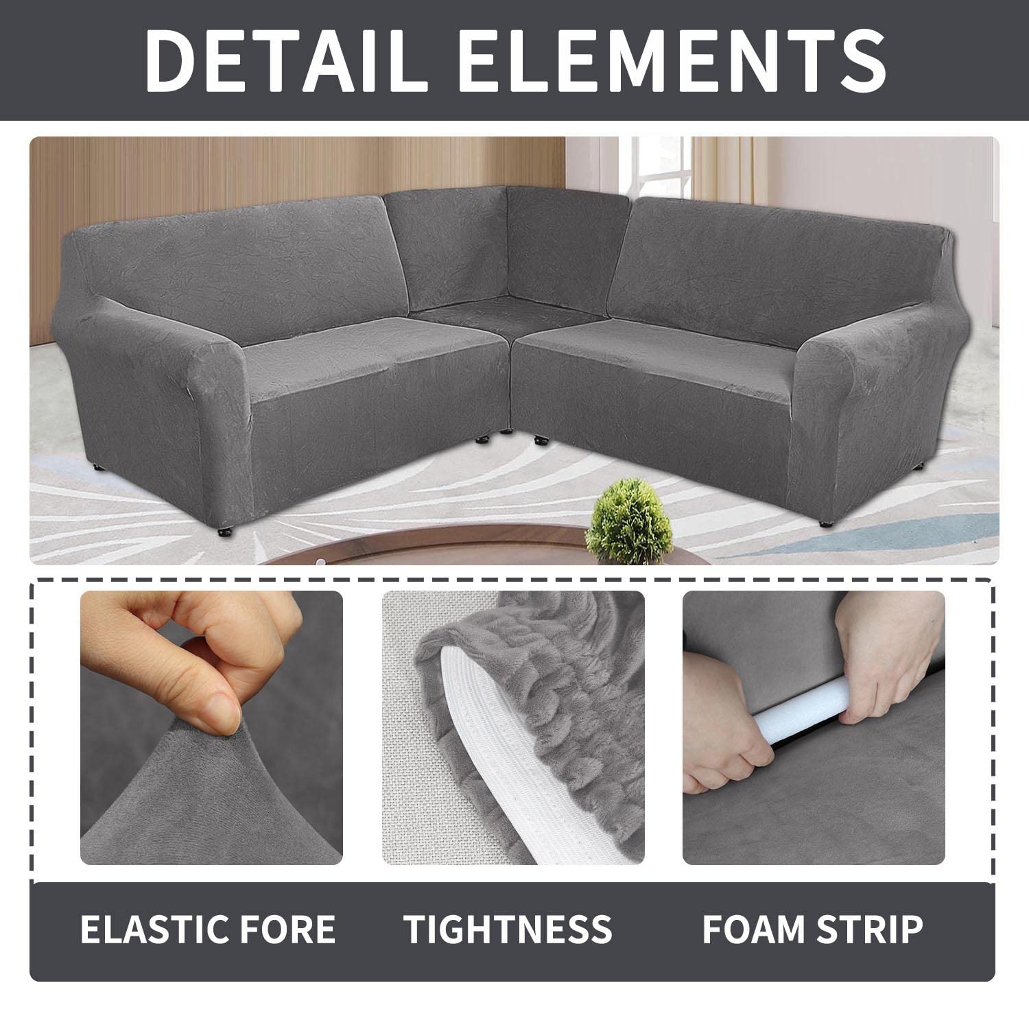 Velvet Stretch Sectional Sofa Cover - 7 Seat L-Shaped Couch Slipcover, Soft Washable Anti-Slip Furniture Protector (Grey) | Perfect for Living Room, Family Room & Home Theater Seating