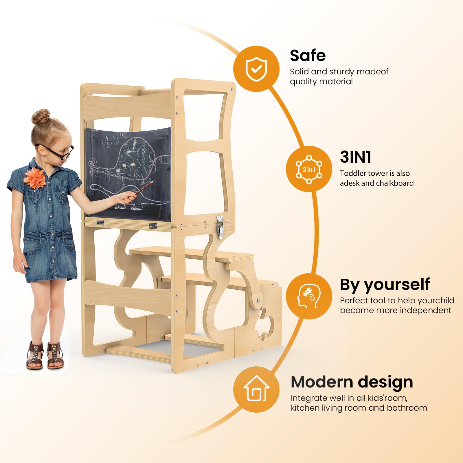 Foldable Toddler Tower & Kitchen Stool Helper - Safe Learning Wooden Step Stool for Kids, Weaning Table for Bathroom & Kitchen Counter - Perfect for Cooking, Baking & Bath Time