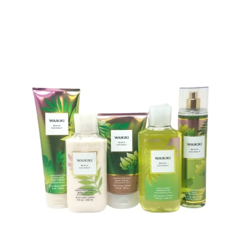 Bath and Body Works Waikiki Beach Coconut Gift Set - Moisturizing Lotion, Shower Gel, Body Mist, Cream & Exfoliating Scrub for Smooth Skin | Tropical Vacation, Summer Self-Care, Spa Day at Home