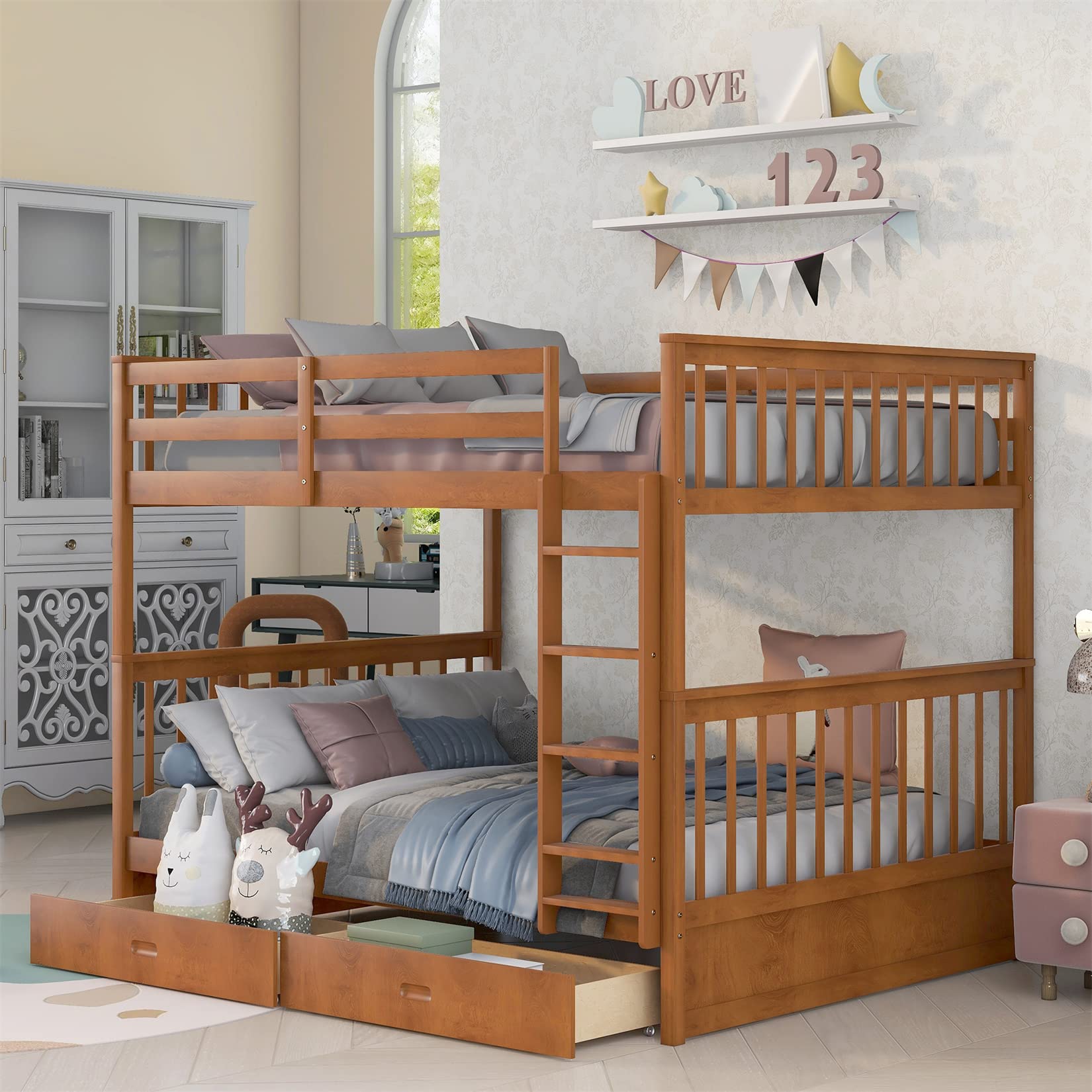 Full Over Full Bunk Beds with 2 Drawers for Kids & Teens - Sturdy Wooden Bunk Bed Frame for Boys & Girls - Detachable Design in Walnut Finish - Perfect for Siblings Sharing Rooms or Sleepovers