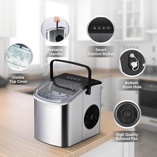 Simple Deluxe Countertop Ice Maker Machine - 6 Mins Fast Ice Making, 9 Bullet Ice Cubes, 26lbs Daily Output, 13.7lbs Capacity, Self-Cleaning with Handle & Accessories (Basket, Spoon) - Perfect for Home, Office, Parties & Outdoor Gatherings - Silver