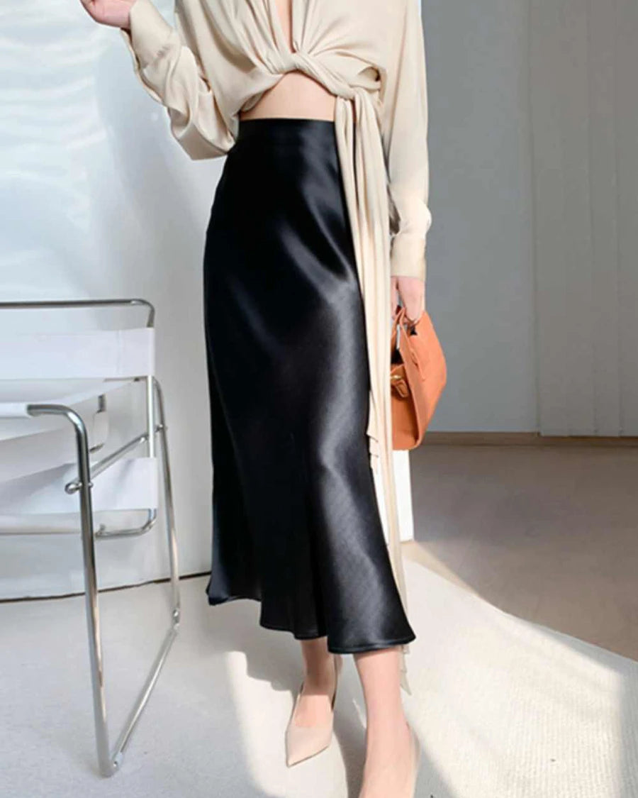 Elegant Silk Midi Skirts for Women - Stretchy Elastic Waistband, Flowy A-Line Design - Perfect for Office Wear, Date Nights & Special Occasions