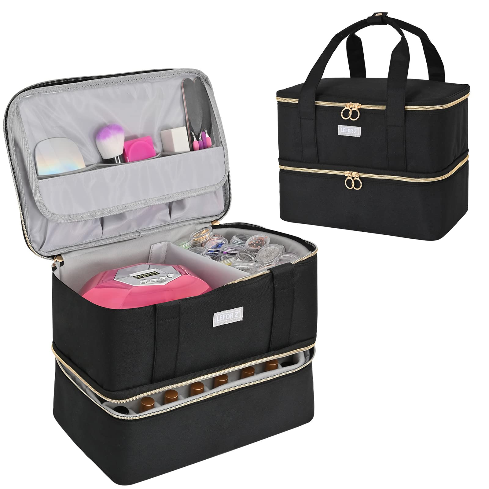 Double-Layer Nail Polish Organizer & Storage Case - Holds 40 Bottles (15ml/0.5oz) & Nail Lamp - Portable Nail Art Supplies Holder for Travel, Salon & Home Manicure Organization