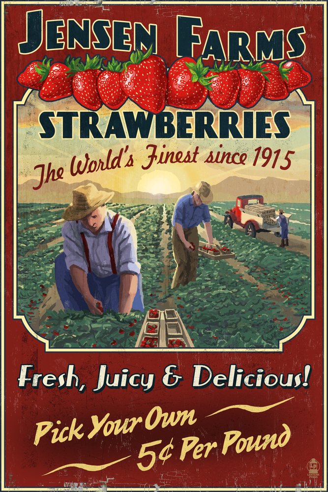 Vintage Strawberry Farm Travel Poster - Giclee Gallery Print 16x24 Wall Art Decor for Kitchen, Dining Room & Farmhouse Style Home