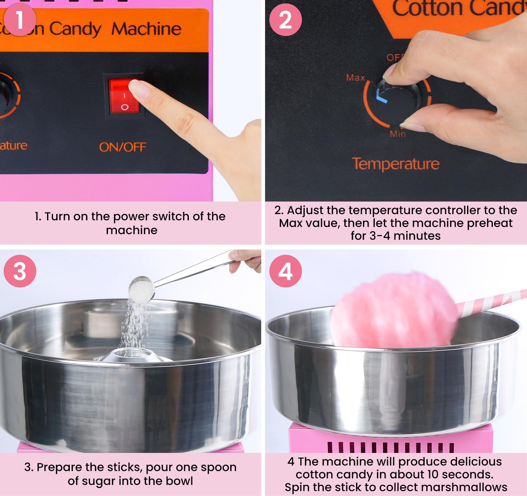 Commercial Cotton Candy Machine 1000W - Electric Candy Floss Maker with Stainless Steel Bowl & Sugar Scoop - Perfect for Kids Birthday Parties, Carnival Events, and Family Gatherings (Pink)