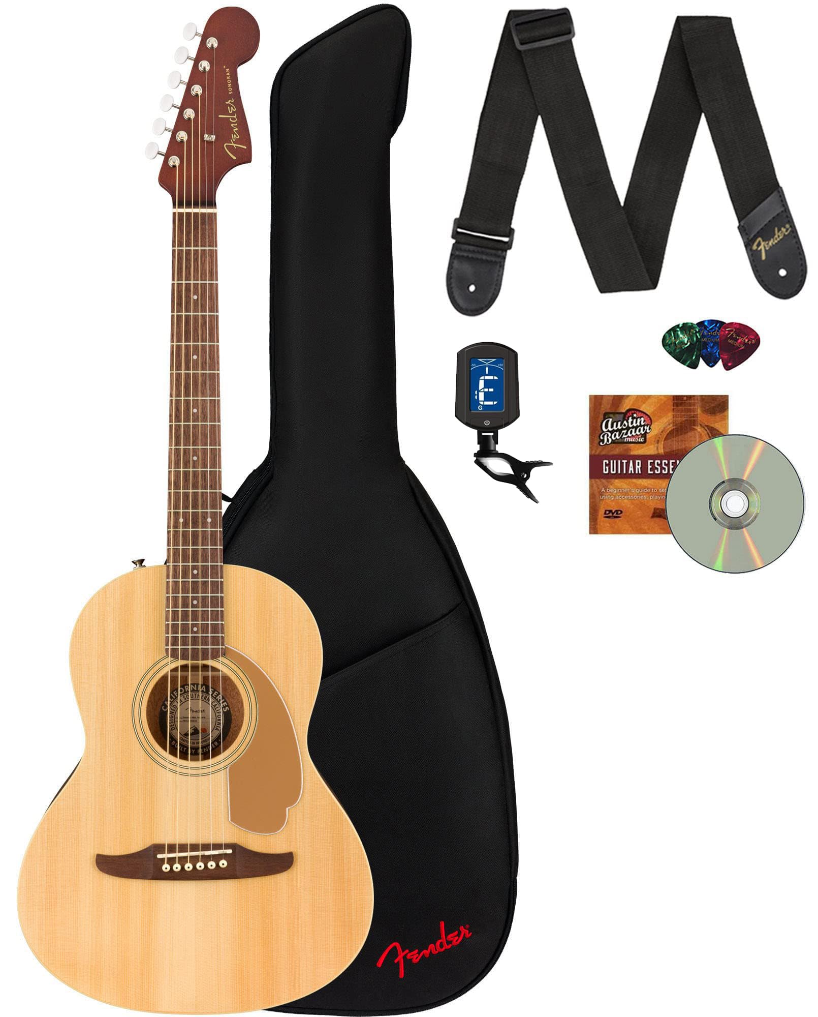 Fender Sonoran Mini Dreadnought Acoustic Guitar Bundle with Gig Bag, Strap, Tuner, Strings & Accessories - Natural Finish | Perfect for Beginners, Travel & Camping
