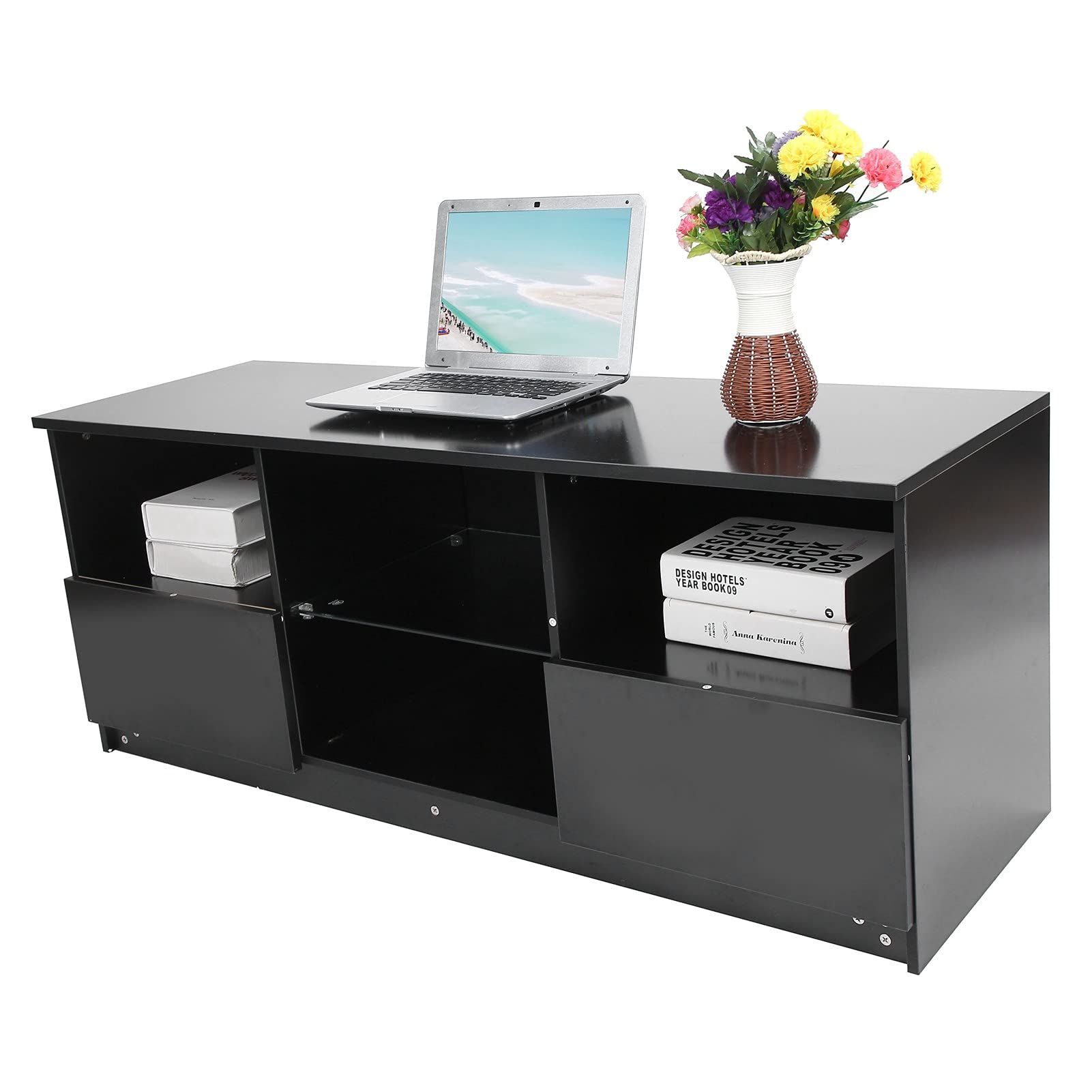 Modern TV Stand with LED Lights - High Gloss Black Media Console with Storage Drawers & Open Glass Shelves, 47.2