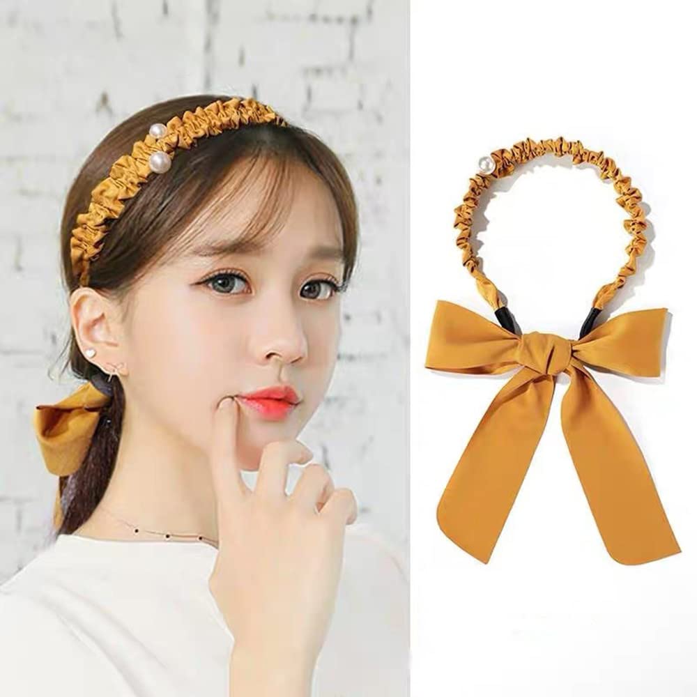 Jumwrit Pearl Headband with Long Ribbon - Elegant Big Bowknot Hair Band for Women & Girls - Non-Slip Elastic Headband in Solid Green - Perfect for Weddings, Parties, and Everyday Fashion Accessories
