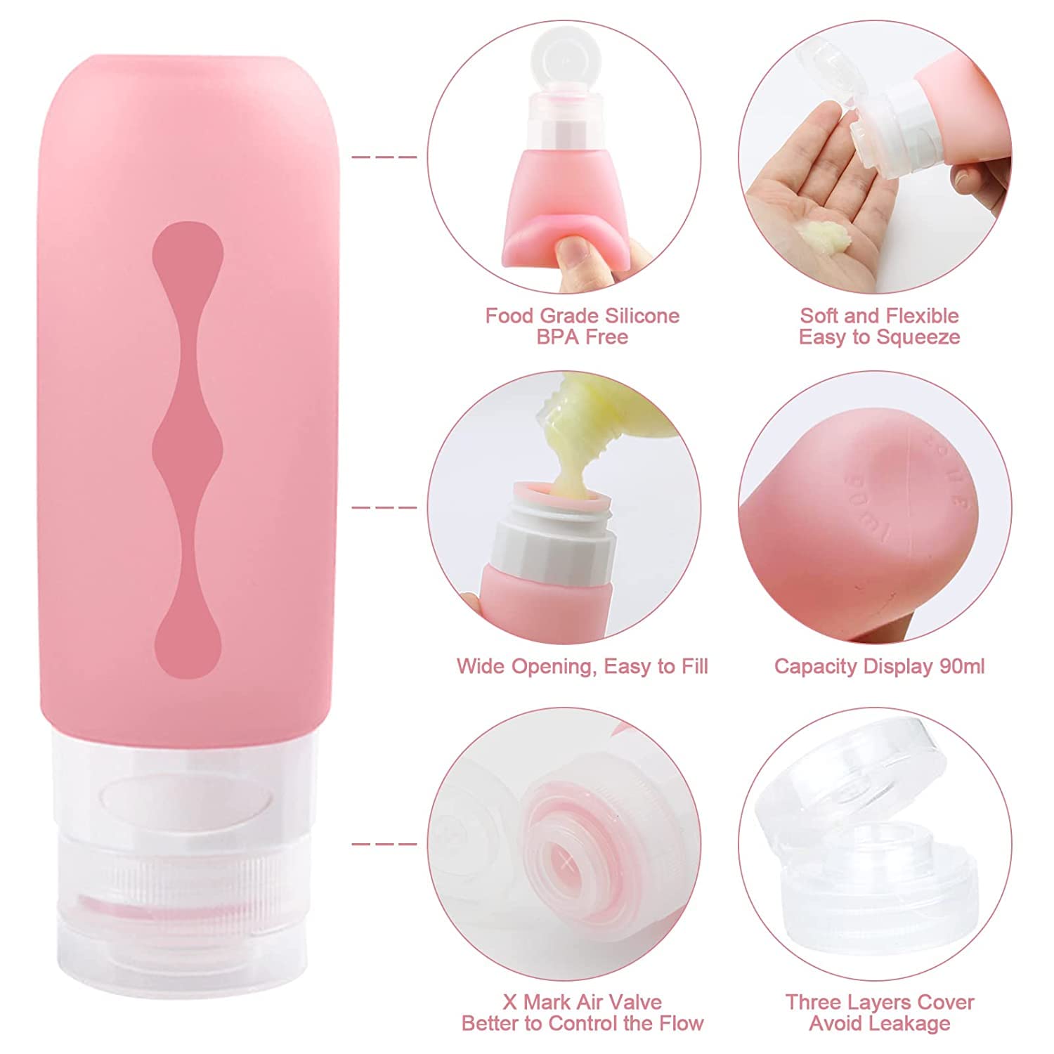 AGUDO 3-Pack 90ml Leakproof Silicone Travel Bottles for Shampoo, Conditioner & Body Wash | Refillable Toiletry Containers for Cosmetic Liquids | Perfect for Air Travel, Gym & Vacation | Empty TSA Approved Set