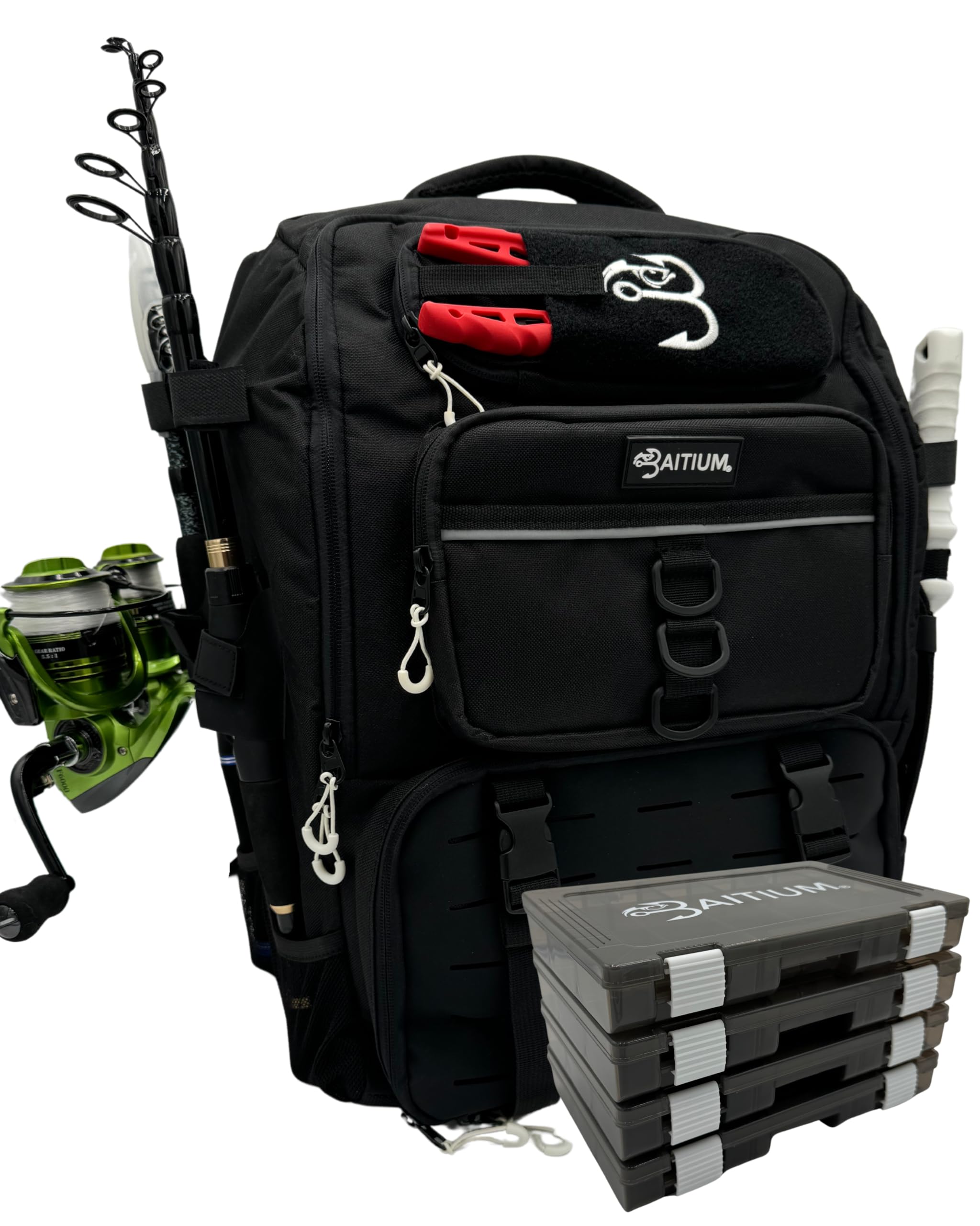 **Premium 40L Fishing Backpack with Rod Holders & Cooler – Waterproof Tackle Bag with Storage Trays for Fishing Gear (Jet Black) – Ideal for Freshwater & Saltwater Fishing Trips**