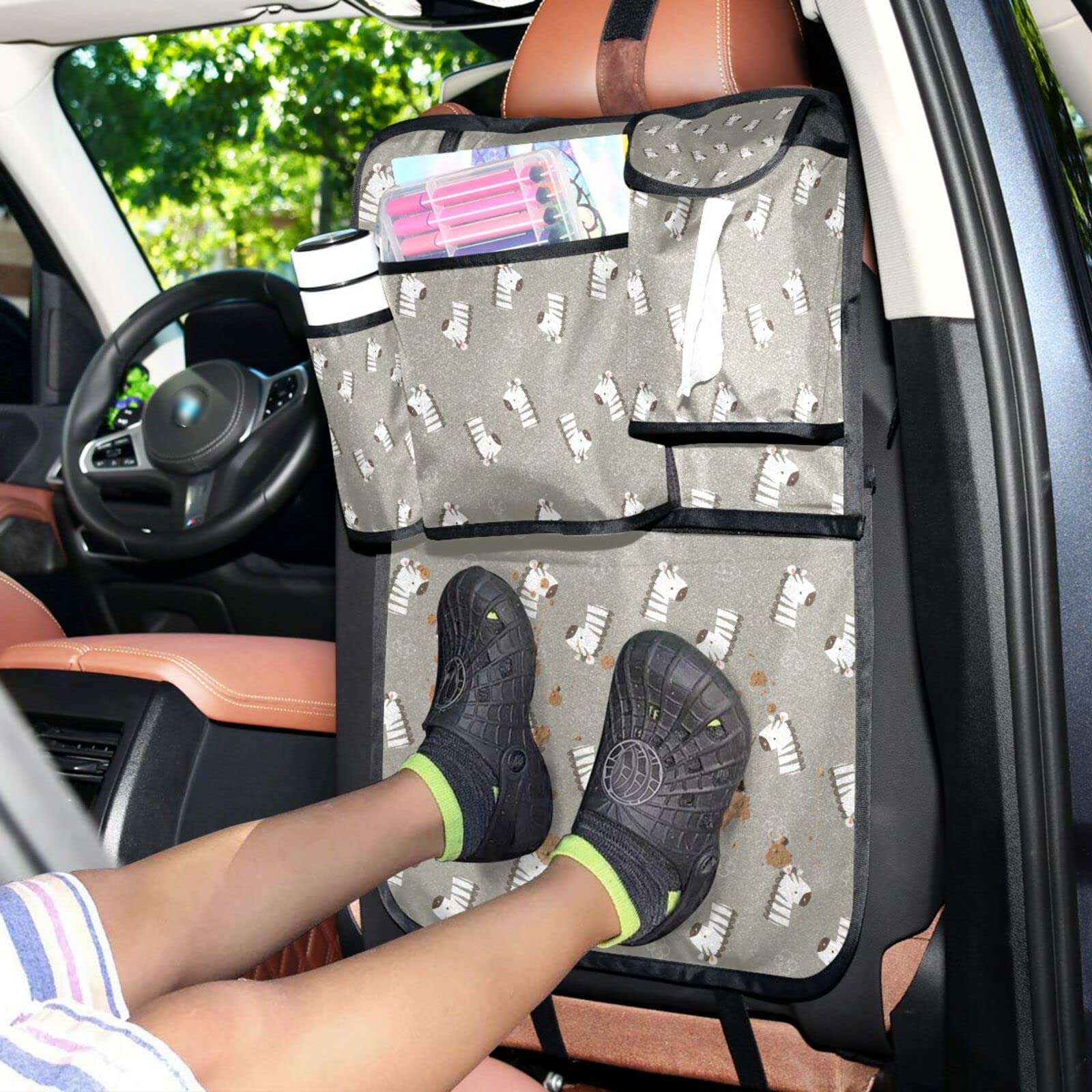 Zebra Print Backseat Car Organizer with Tissue Box Holder - 4 Waterproof Oxford Fabric Storage Pockets, Seat Back Protector & Kick Mat for Kids & Toddlers - Perfect for Road Trips, School Runs & Family Travel (1 Pack)