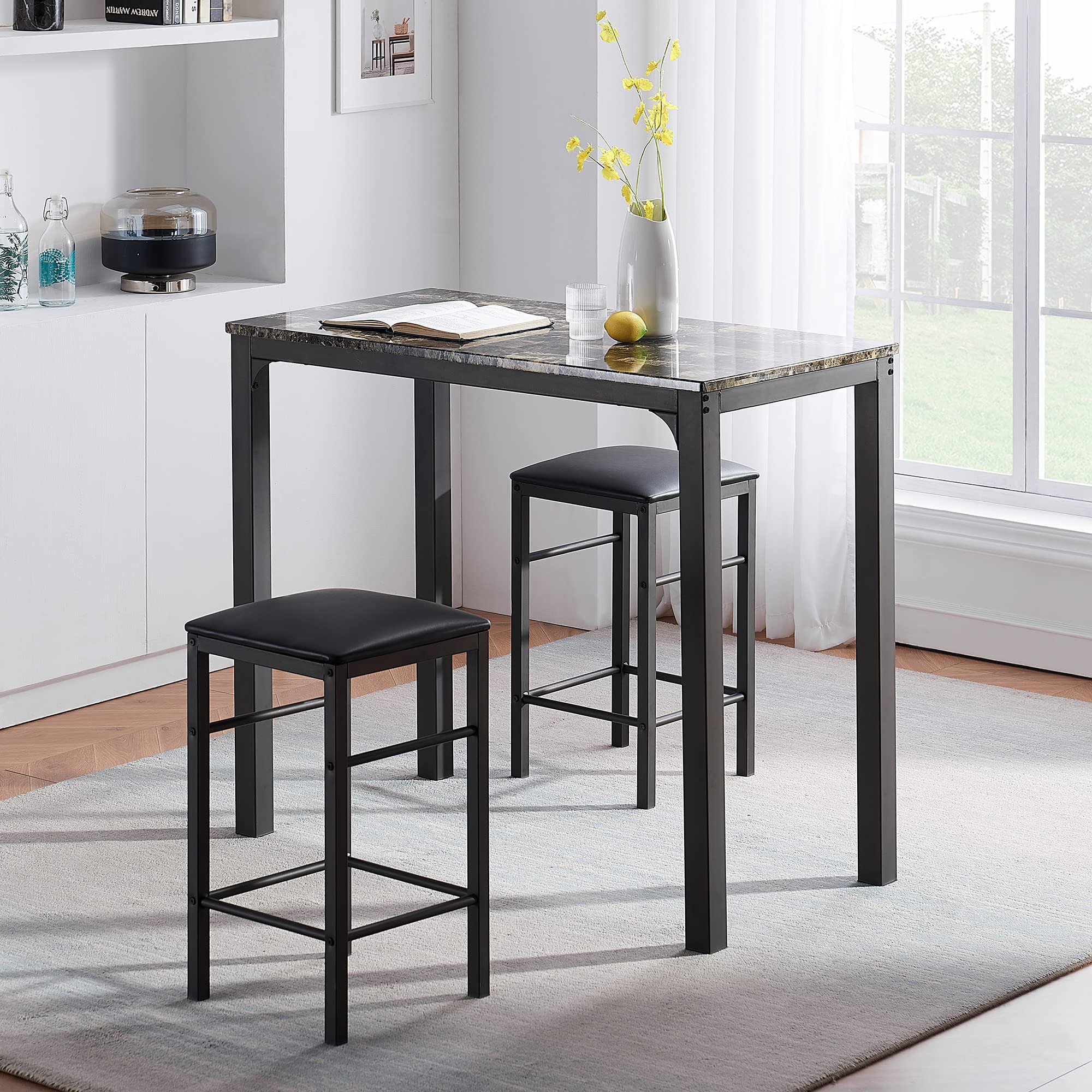 VECELO 3-Piece Retro Black Bar Table Stools Set - Rectangular Kitchen Height Pub Table with Stools for Dining, Living Room, Party & Bistro - Perfect for Small Spaces, Breakfast Nook & Entertaining Guests