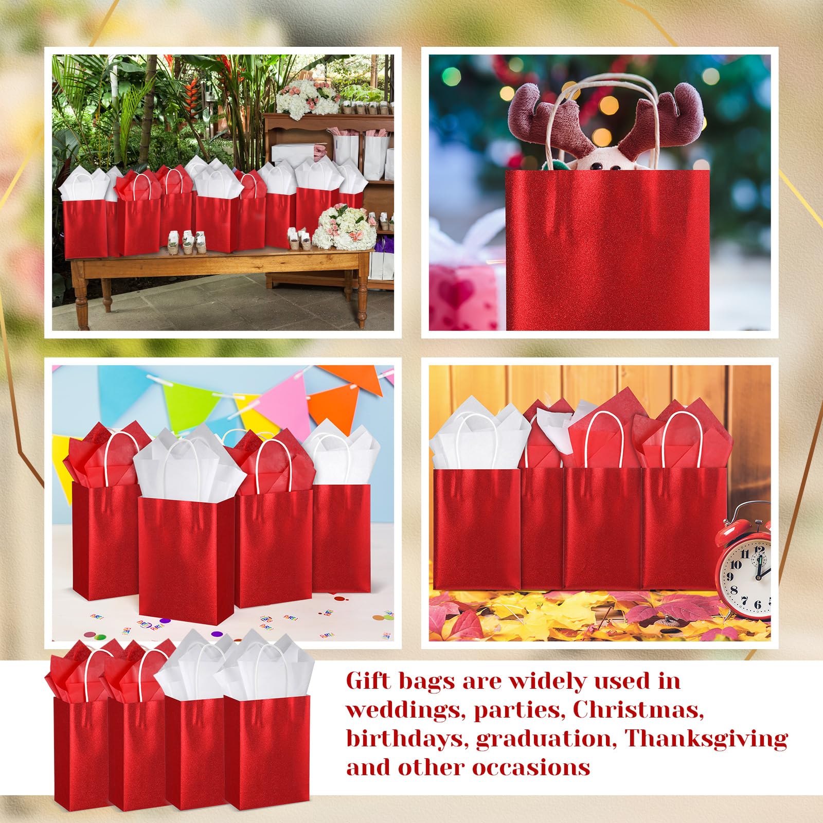 50 Pcs 8.2x5.9 Inch Glitter Kraft Paper Favor Bags with 100 Tissue Wrapping Paper - Bulk Wedding, Bridal, Baby Shower & Birthday Gift Bags with Handles (Red) - Perfect for Christmas Gifts, Party Favors and Special Occasions