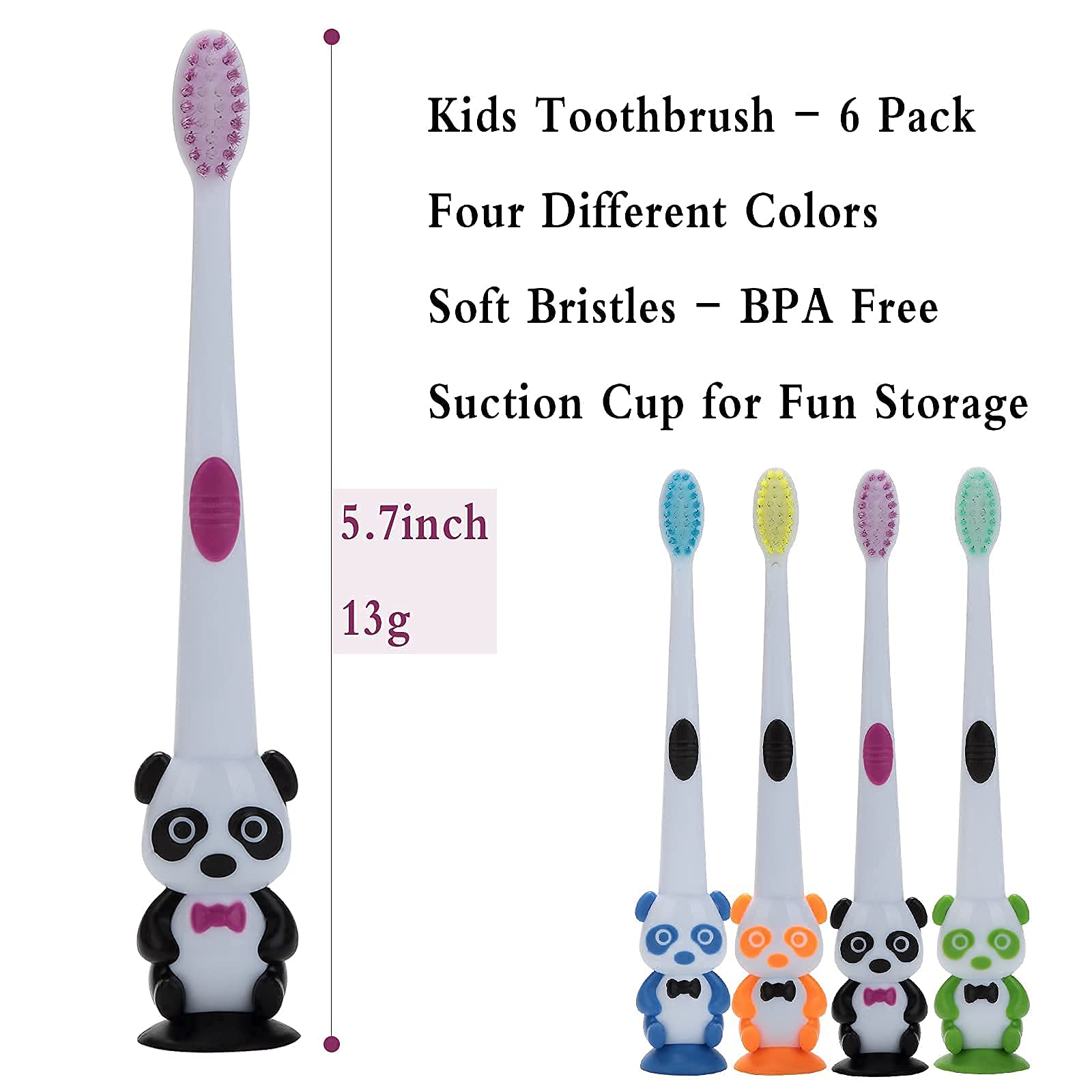 6 Pack Kids Toothbrushes with Soft Bristles & Suction Cup - Cute Bear Panda Design for Boys & Girls Ages 3+, Includes Travel Covers - Gentle Dental Care for Toddlers & Children - Perfect for Home, School & Travel Use