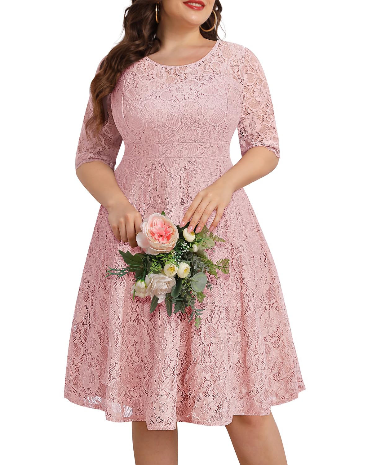 Elegant Plus Size Women's Lace V-Neck Midi Dress for Wedding Guest, Bridal Shower & Cocktail Party - Semi-Formal Occasions & Special Events