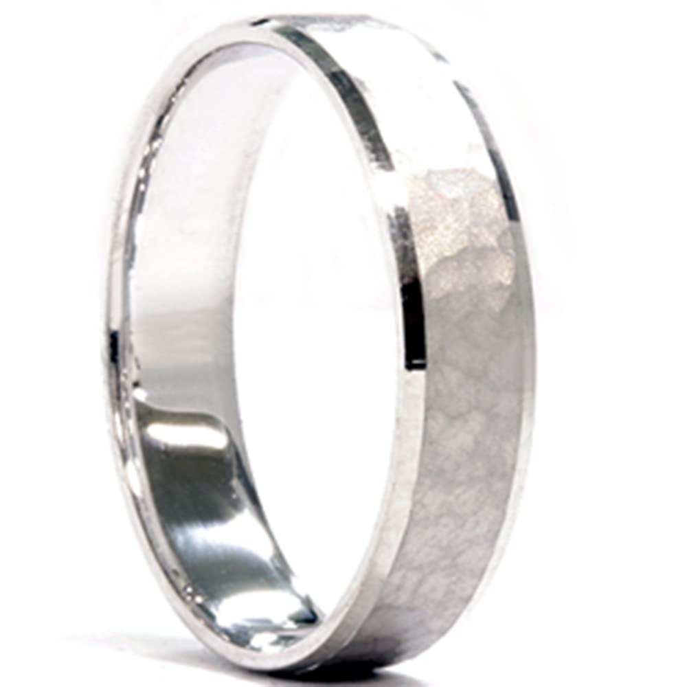 5mm White Gold Hammered Wedding Band for Men - Classic Hammered Finish Comfort Fit Ring - Perfect for Engagement, Wedding, Anniversary & Special Occasions