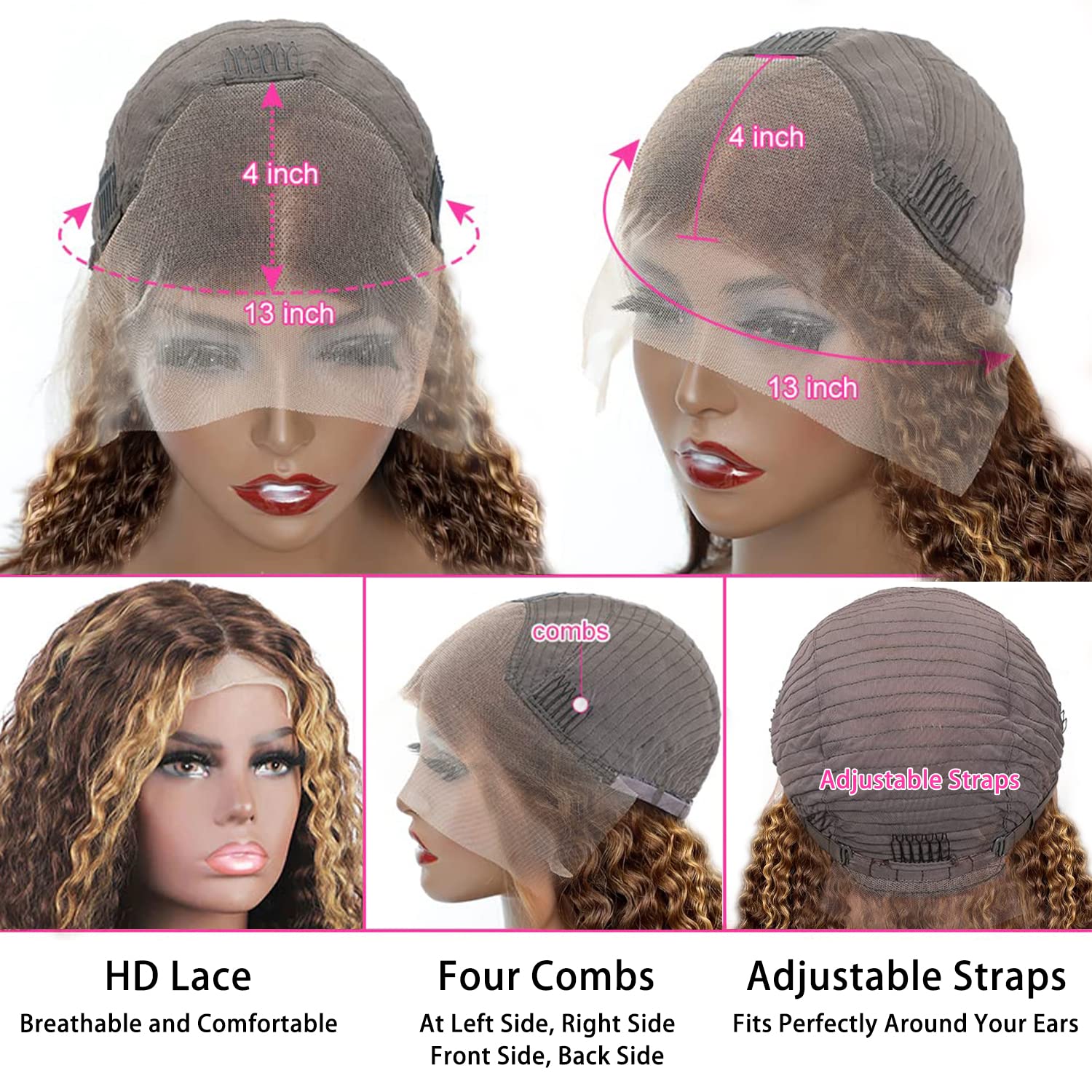 LuAiJa 28inch 13x4 HD Lace Front Wig - 180% Density Ombre Curly Human Hair Wig with Baby Hair & Pre-Plucked Hairline | Highlighted Deep Wave Wigs for Women | Perfect for Parties, Weddings & Daily Styling