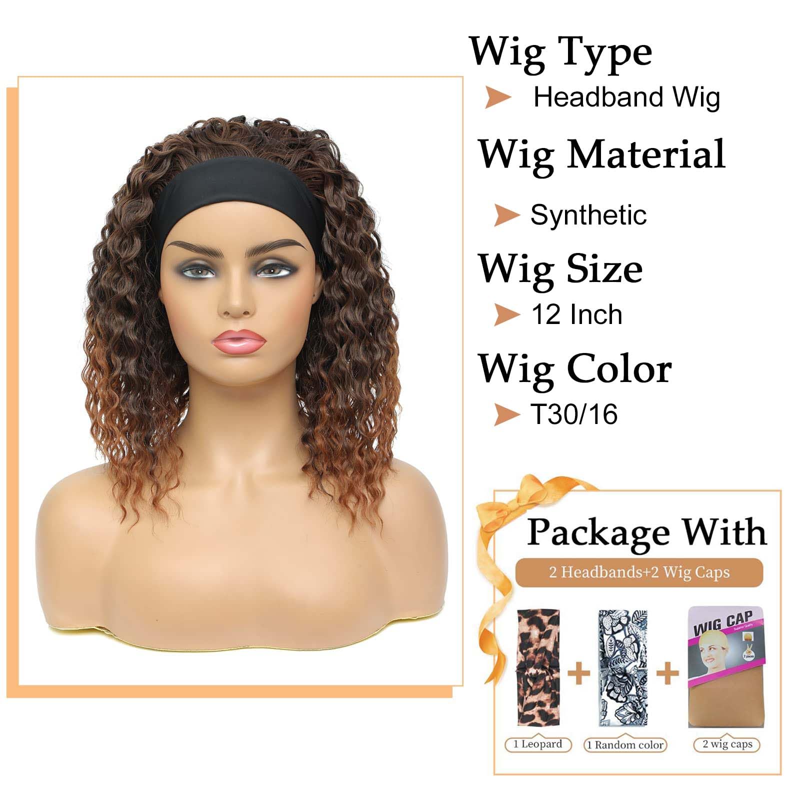 Alicoco 180% Density Water Wave Glueless Headband Wig for Women - Synthetic Half Wig with Attached Headbands (12 Inch, T30/16) - Perfect for Daily Wear, Cosplay & Fashion Styling