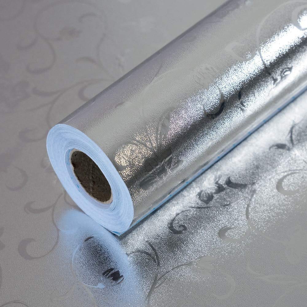 Durable Aluminum Foil Stickers for Kitchen - Oil Proof, Waterproof & Heat Resistant Stove Contact Paper - Silver Flower Pattern (40X200cm) - Perfect for Countertops, Cabinets & Appliances Protection