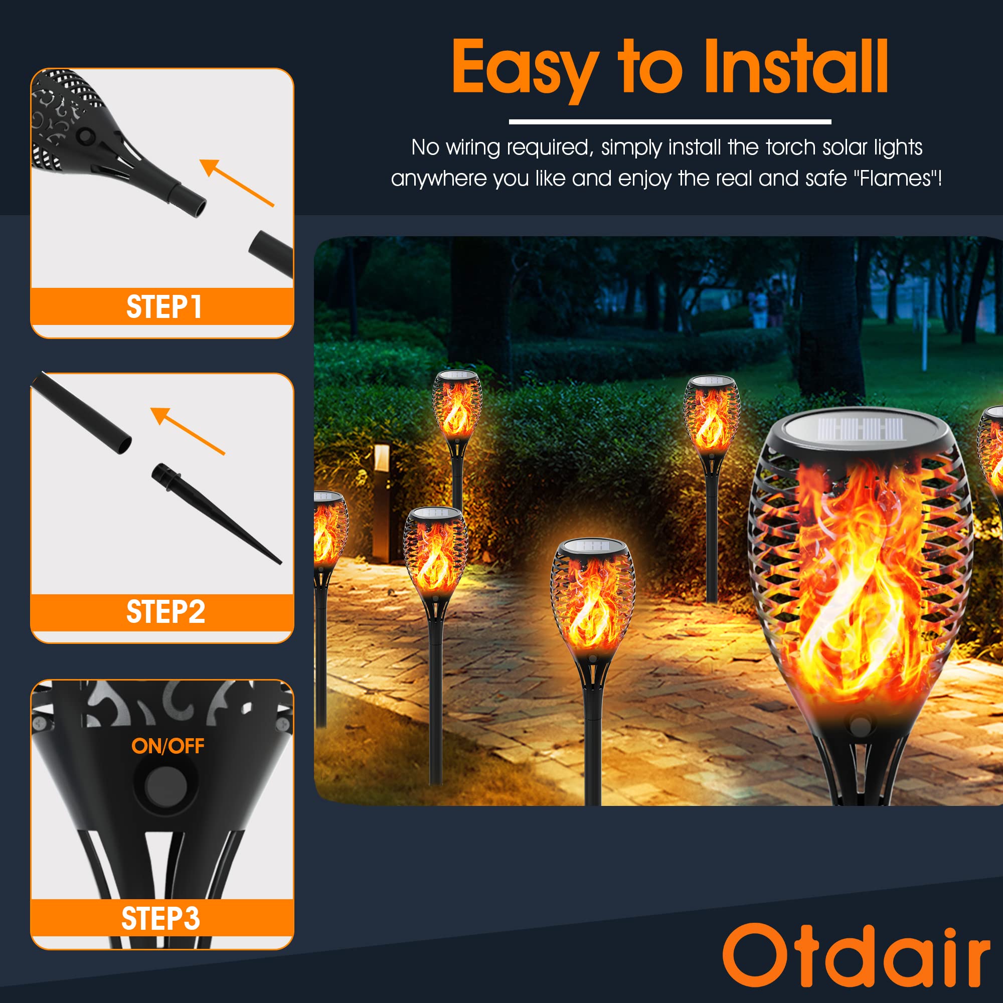 Otdair 8 Pack Super Large Solar Torch Lights with Flickering Flame - Waterproof Outdoor Landscape Lighting for Halloween Decor, Garden, Patio & Pathway - Auto On/Off Solar Powered Tiki Torches