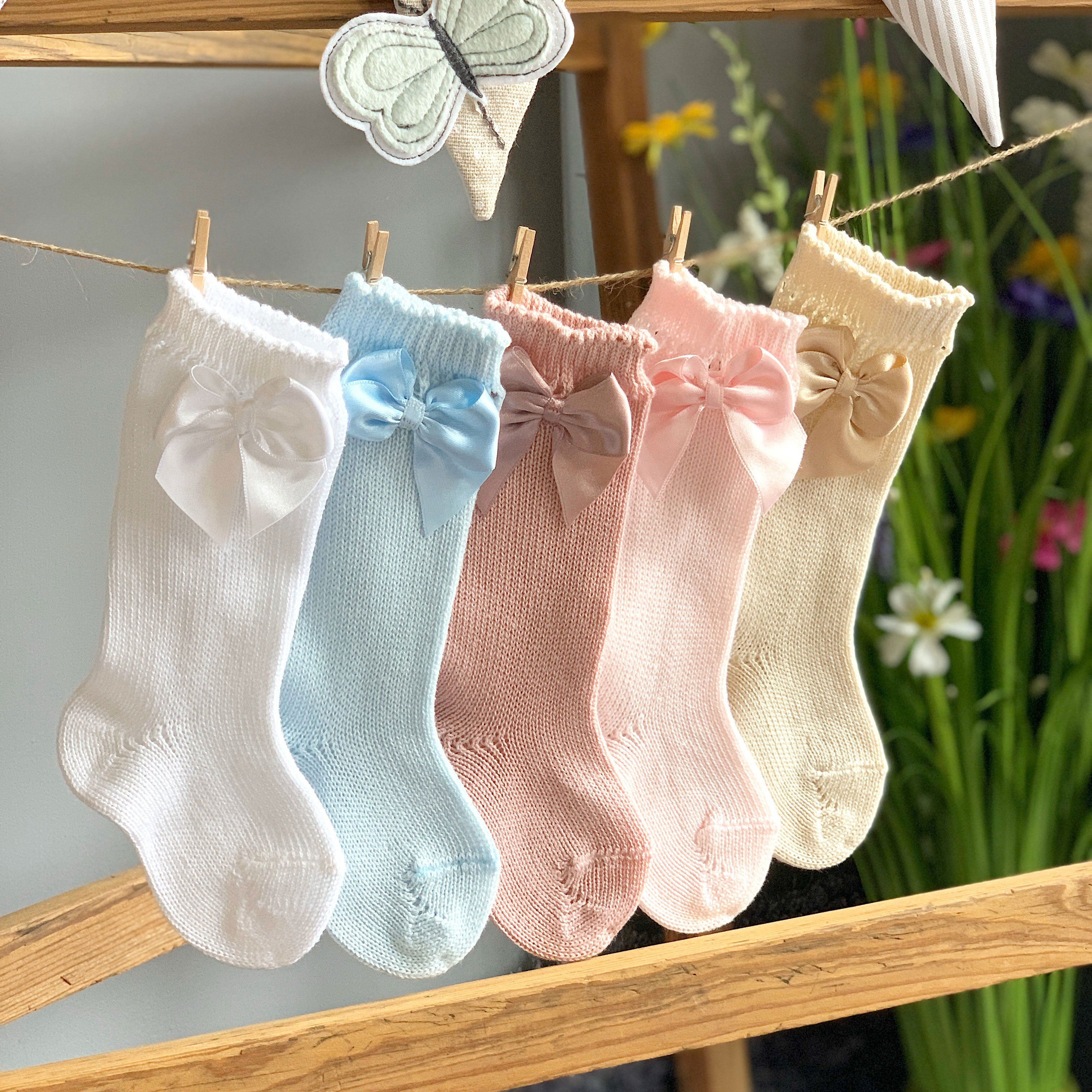 Baby Blue Perlé Satin Bow Socks for Girls - Elegant Dress Socks for Special Occasions, Parties & Photoshoots