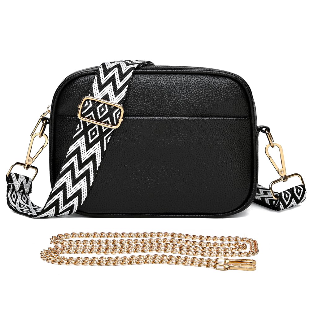 DKIIL NOIYB Women's Leather Crossbody Bag with Adjustable Wide & Chain Strap, Multiple Pockets Camera Bag (22cm) - Perfect for Travel, Work & Everyday Use