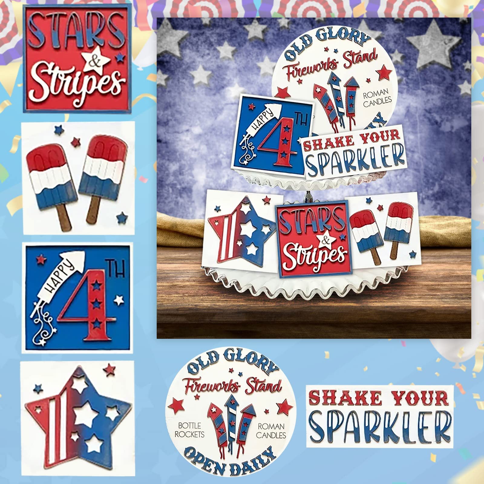 4th of July Wooden Tiered Tray Decor - Patriotic Independence Day Home & Party Decoration - Rustic Wood Sign for Mantel, Porch, or Table Centerpiece - Made in USA