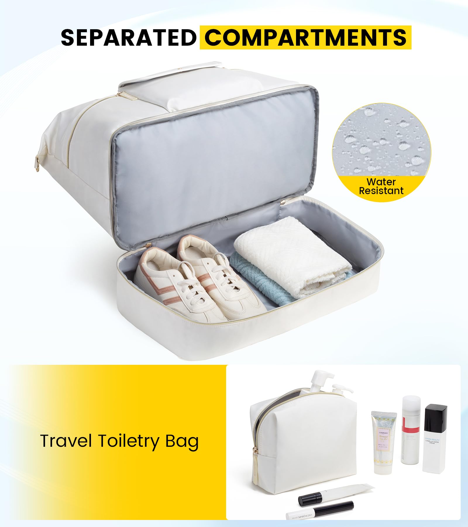 Vorspack Duffle Bag for Travel & Gym - Water-Resistant Duffel Bag with Shoe Compartment & Toiletry Pouch for Men & Women | Perfect for Weekender, Sports, Yoga, Business Trips & Outdoor Adventures - Beige