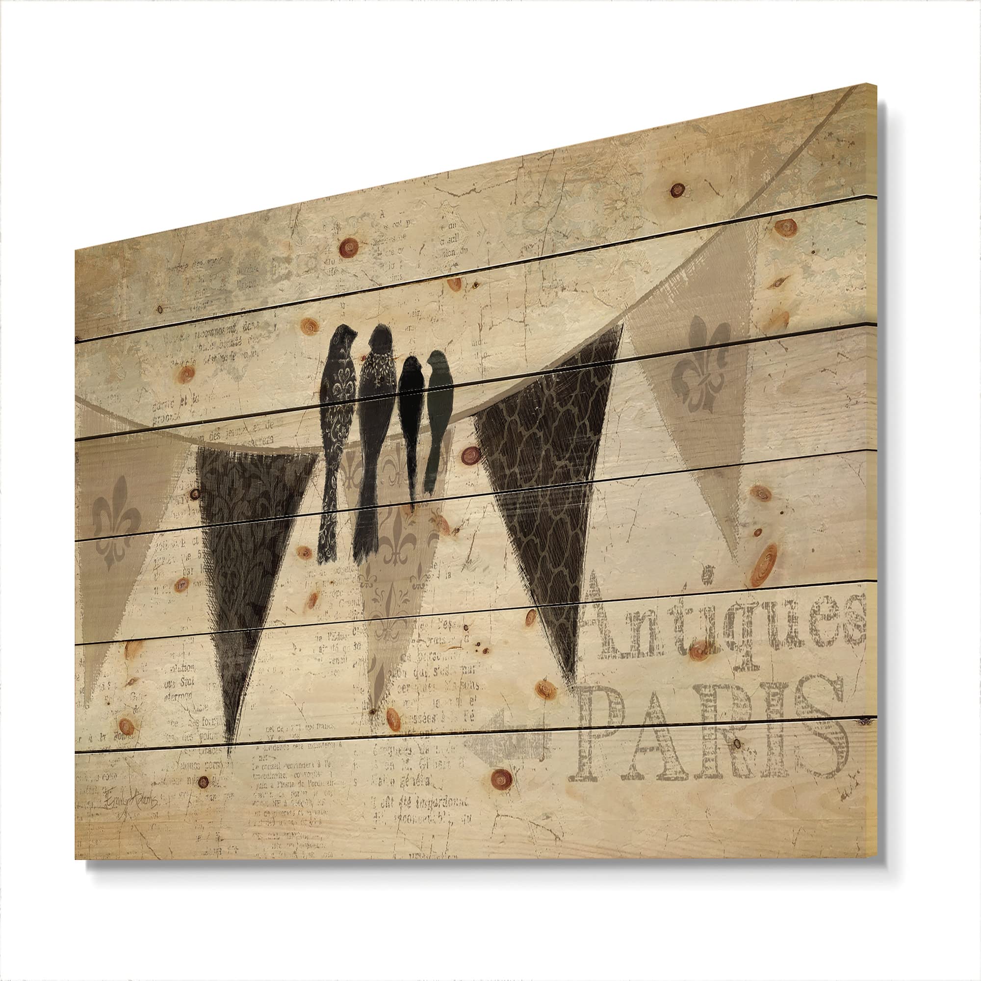 French Bird Flea Market Vintage Wood Wall Decor - Grey Abstract Wood Wall Art Panels Printed on Natural Pine - Perfect for Farmhouse, Boho & Living Room Decor
