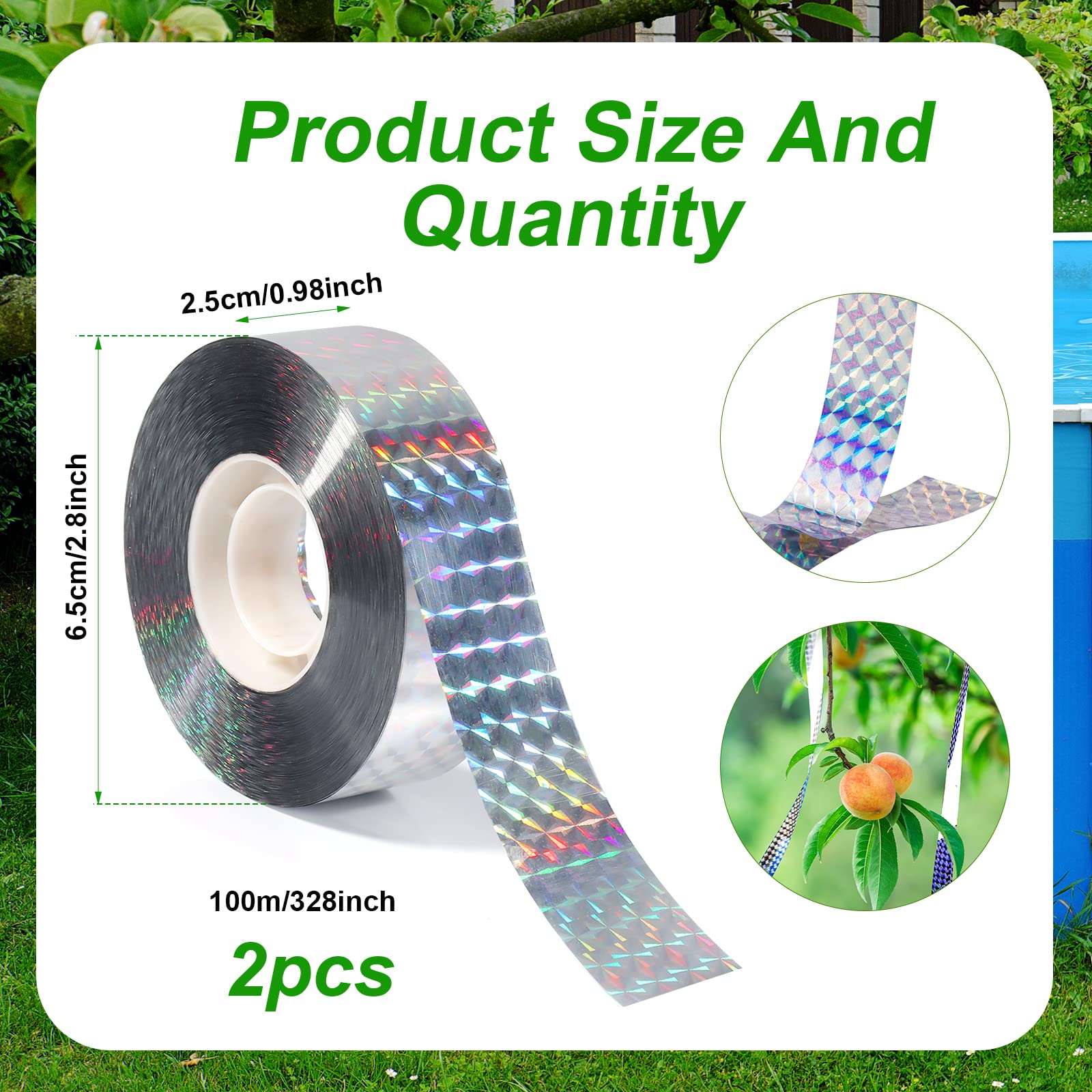 Reflective Scare Tape 492ft - Double Sided Flash Tape, Holographic Glitter Bird Deterrent for Gardens & Farms (2 Rolls) - Protect Crops from Birds & Pests