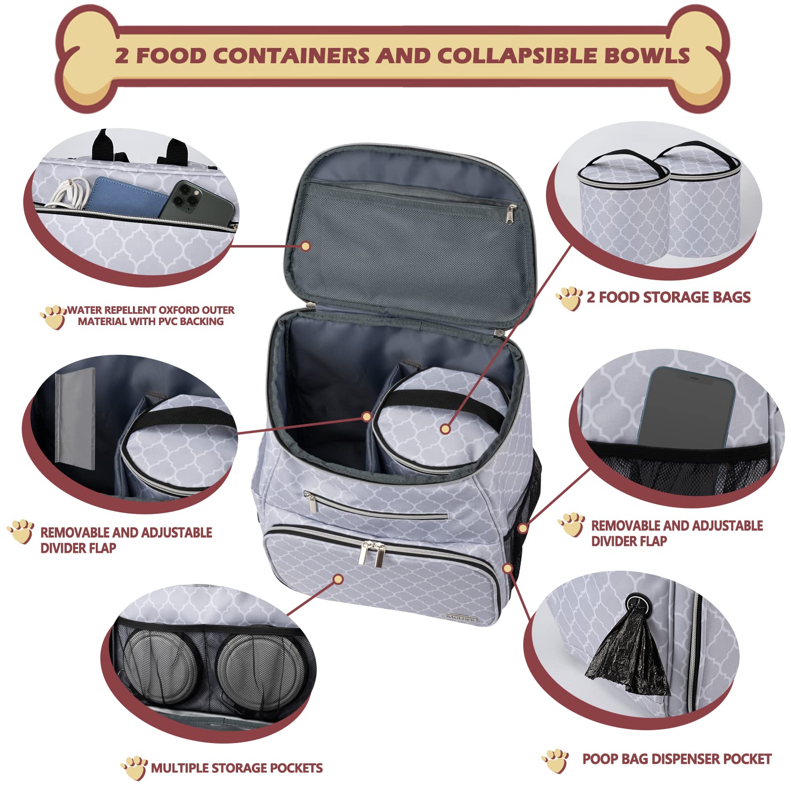 BAGLHER Airline Approved Pet Travel Backpack for Dogs - Waterproof Dog Carrier with 2 Collapsible Bowls & Food Containers - Perfect for Air Travel, Hiking, and Outdoor Adventures (DL White)