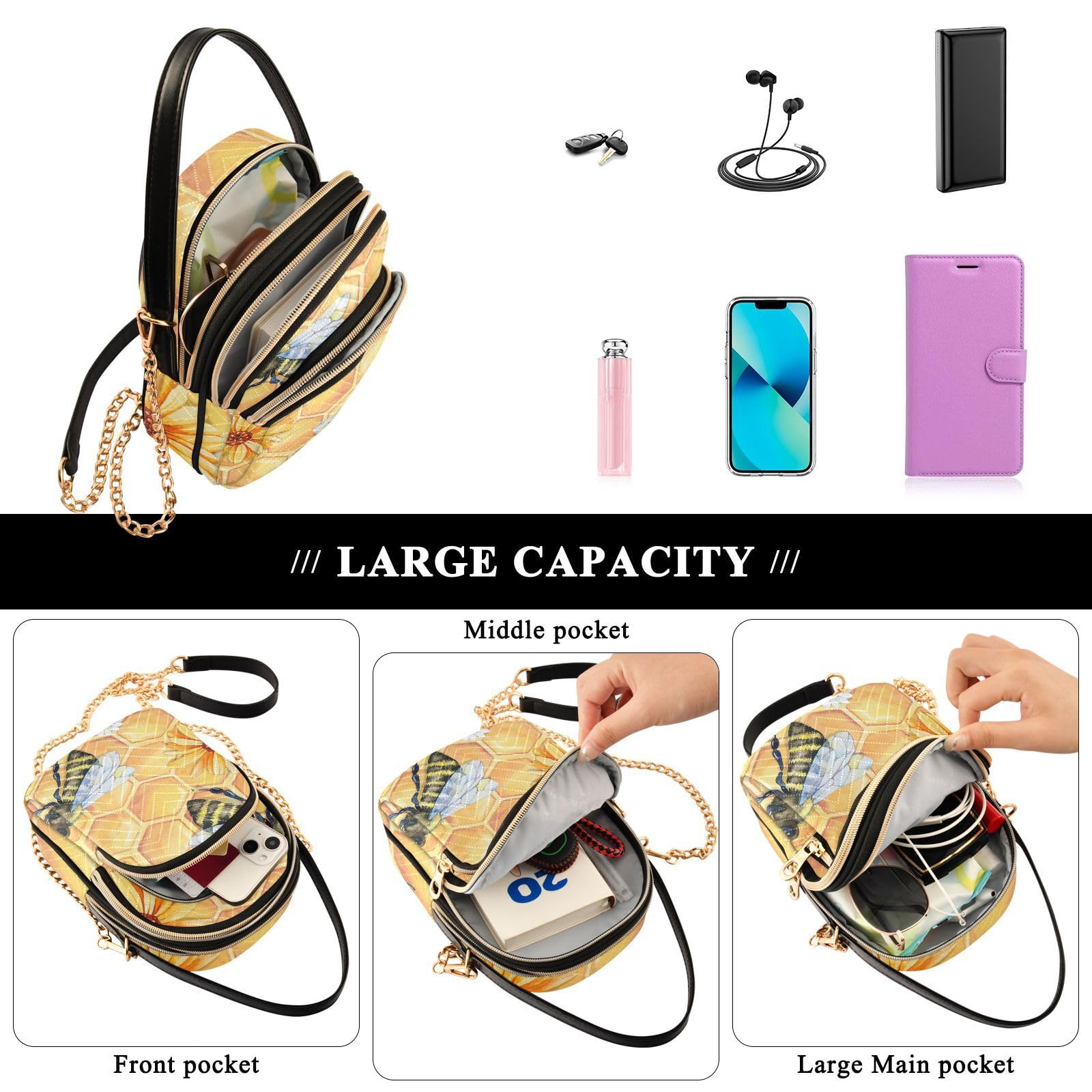 Trendy Women's Small Crossbody Bag - Bee Wasp Bumblebee Honey Field Chamomile Design Sling Purse for Travel & Daily Use | Fashionable Satchel Handbag for Women