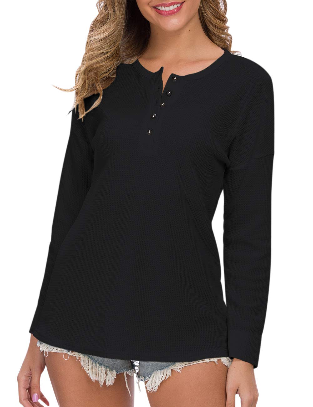 WNEEDU Women's Waffle Knit Tunic Top - Loose Fit Long Sleeve Button Up Henley Shirt with V-Neck | Casual Office Wear, Layering Piece & Fall Fashion Essential