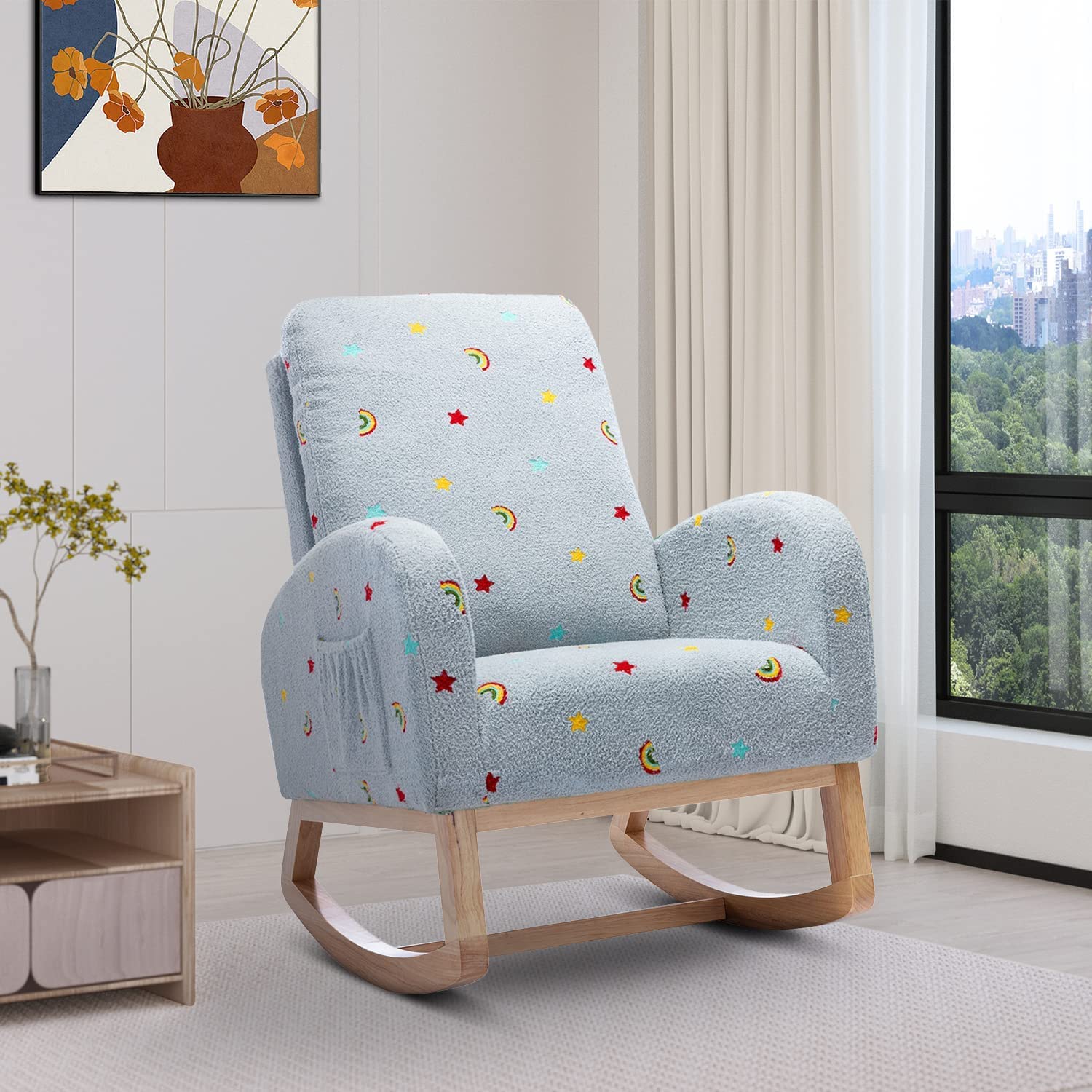 Mid Century Modern Velvet Rocking Chair - Nursery Glider Rocker with High Back & Side Pocket, Wooden Accent Armchair for Nursing, Living Room, Bedroom & Office (Blue) - Perfect for Baby Rooms, Relaxation & Breastfeeding