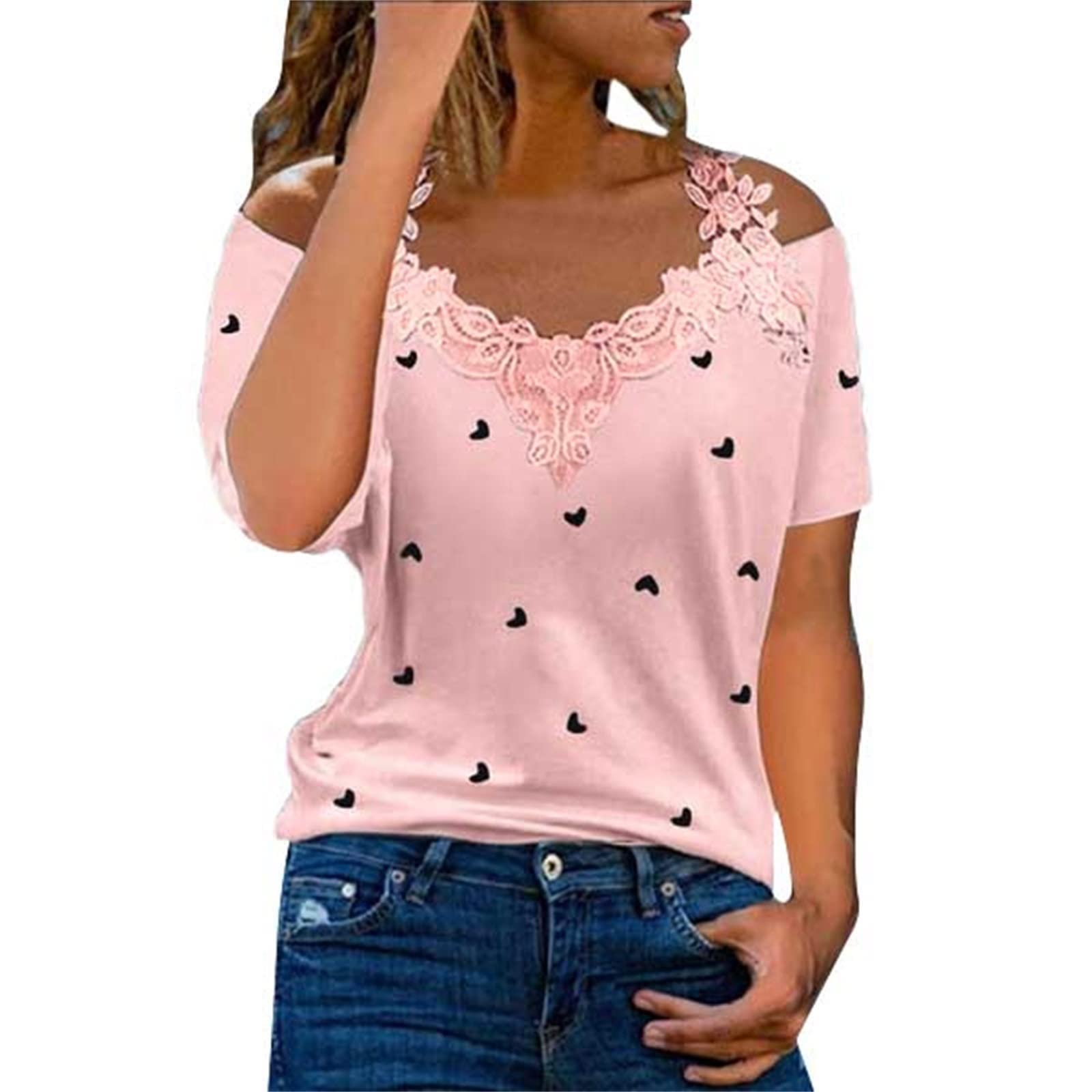 Women's Summer Cute Off Shoulder T-Shirt - Strappy V Neck Tank Top with Lace Shoulder Detail | Perfect for Beach Vacation, Date Night & Casual Outfits