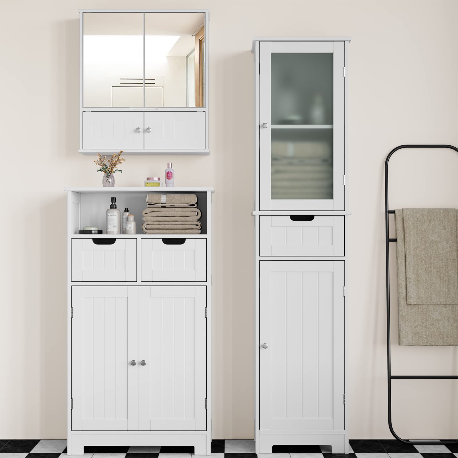 HORSTORS White Bathroom Storage Cabinet - 2 Door & 1 Drawer Freestanding Floor Cabinet with Adjustable Shelves - Tall Narrow Cabinet for Bathroom, Living Room, Home Office - Perfect for Organizing Towels, Toiletries & Office Supplies