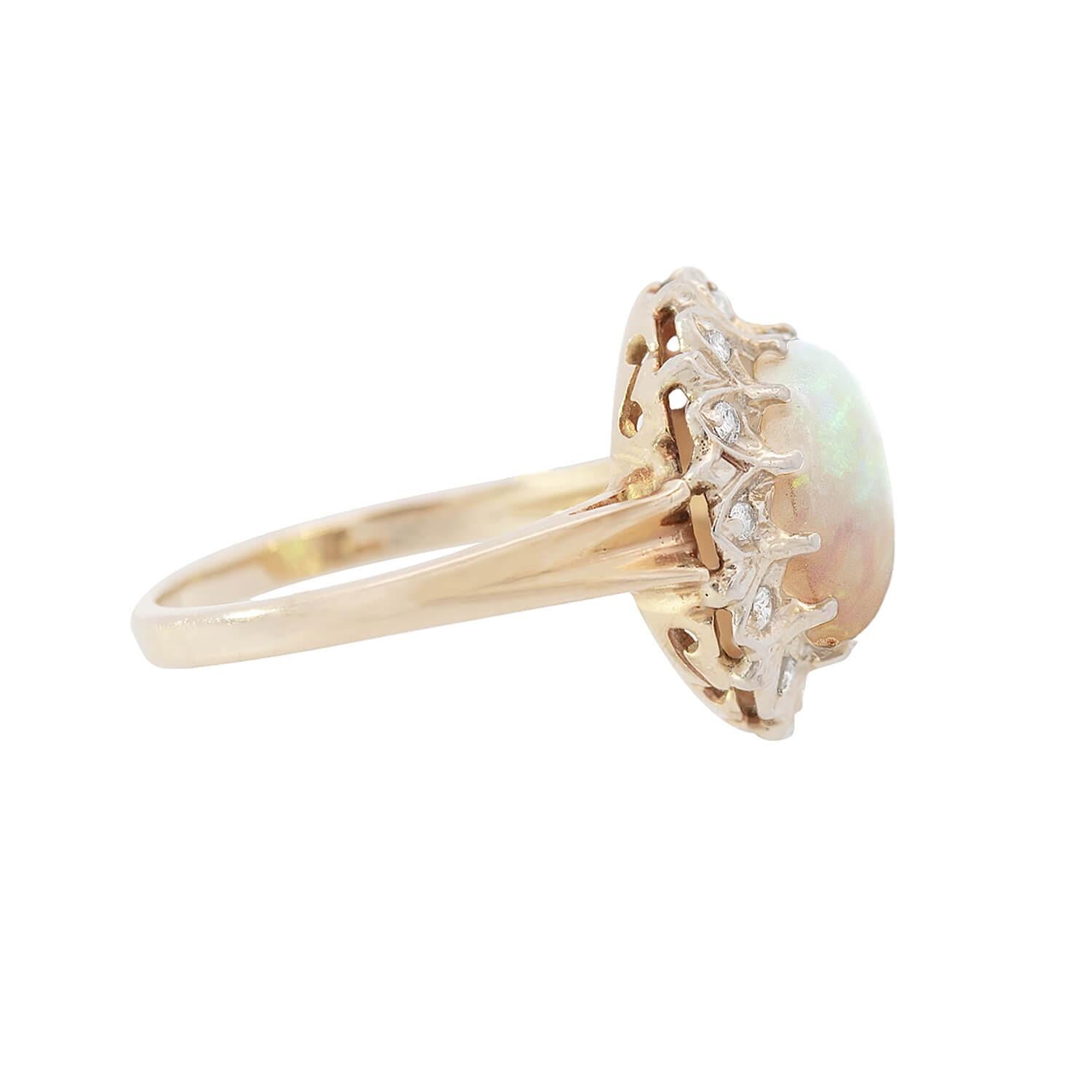 Vintage 14K Gold Opal and Diamond Halo Ring - Elegant Engagement, Wedding, Anniversary Jewelry Gift for Women