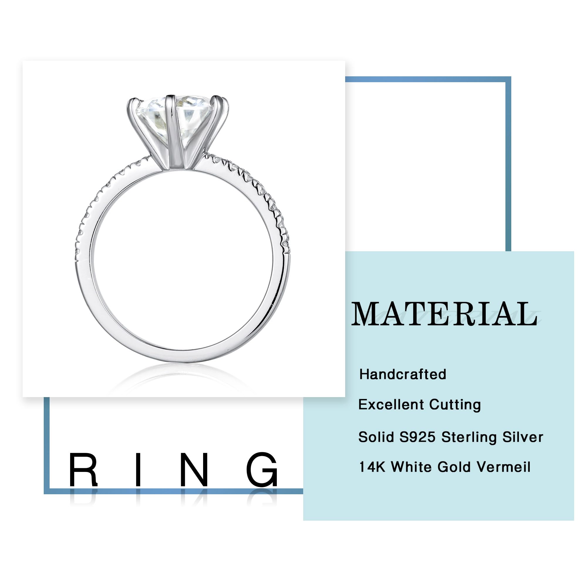 3CT Moissanite Engagement Ring for Women - D Color VVS1 Clarity Lab Created Diamond Alternative, 925 Sterling Silver 14K White Gold Plated, 6-Prong Solitaire Ring - Perfect for Proposals, Anniversaries & Special Occasions