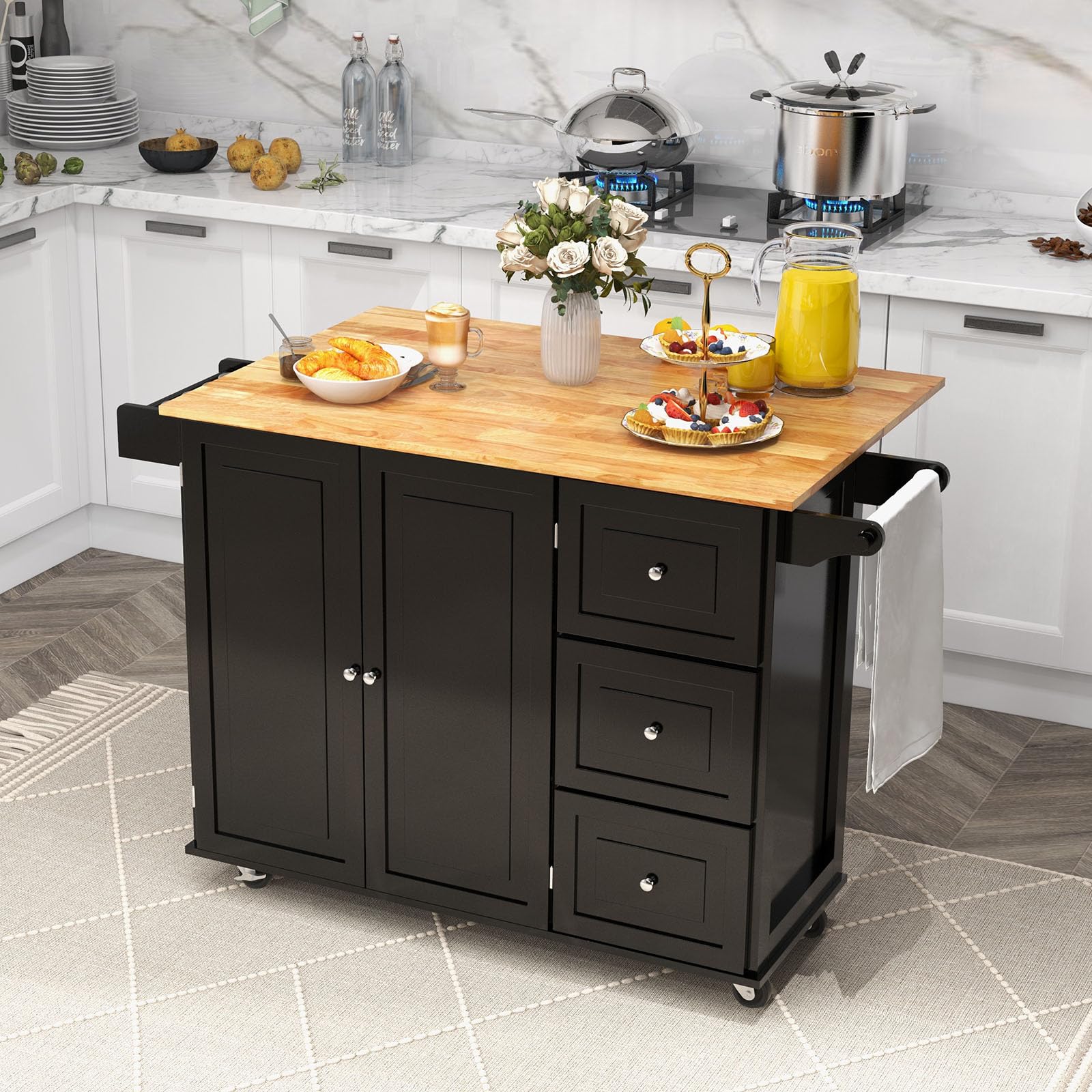 GOFLAME Kitchen Island Cart with Drop Leaf - Rolling Kitchen Cart on Wheels with Rubber Wood Top, 3 Drawers, Towel & Spice Rack, 2-Door Cabinet - Perfect Serving Trolley for Small Kitchens, Dining Rooms & Breakfast Nooks (Black)