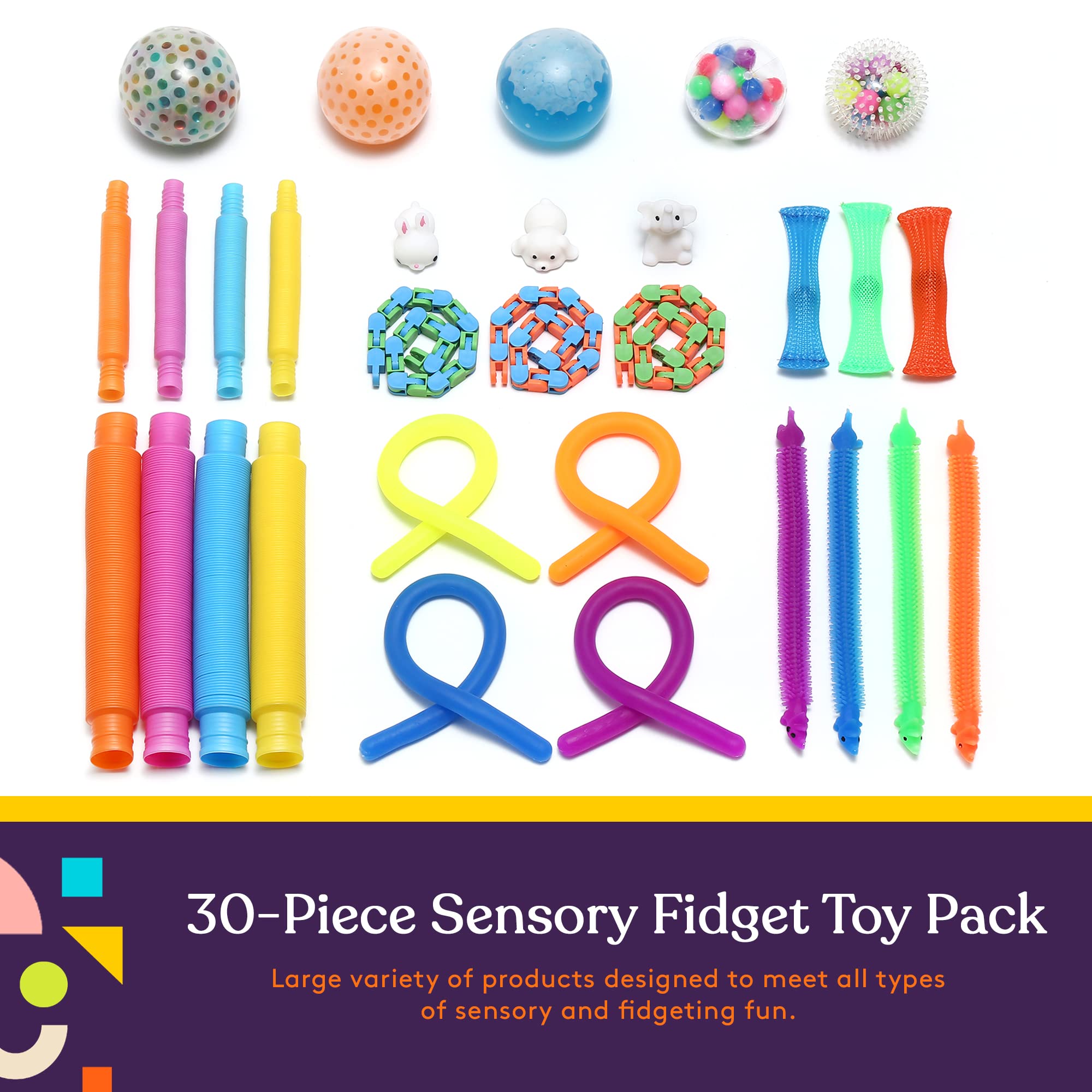 30-Piece Fidget Toy Pack for Kids - Stress Relief Sensory Toys with Squishy Balls, Fun Tubes, Squeeze Pets & Stretchy Strings - Perfect for ADHD, Autism, Anxiety Relief & Classroom Focus