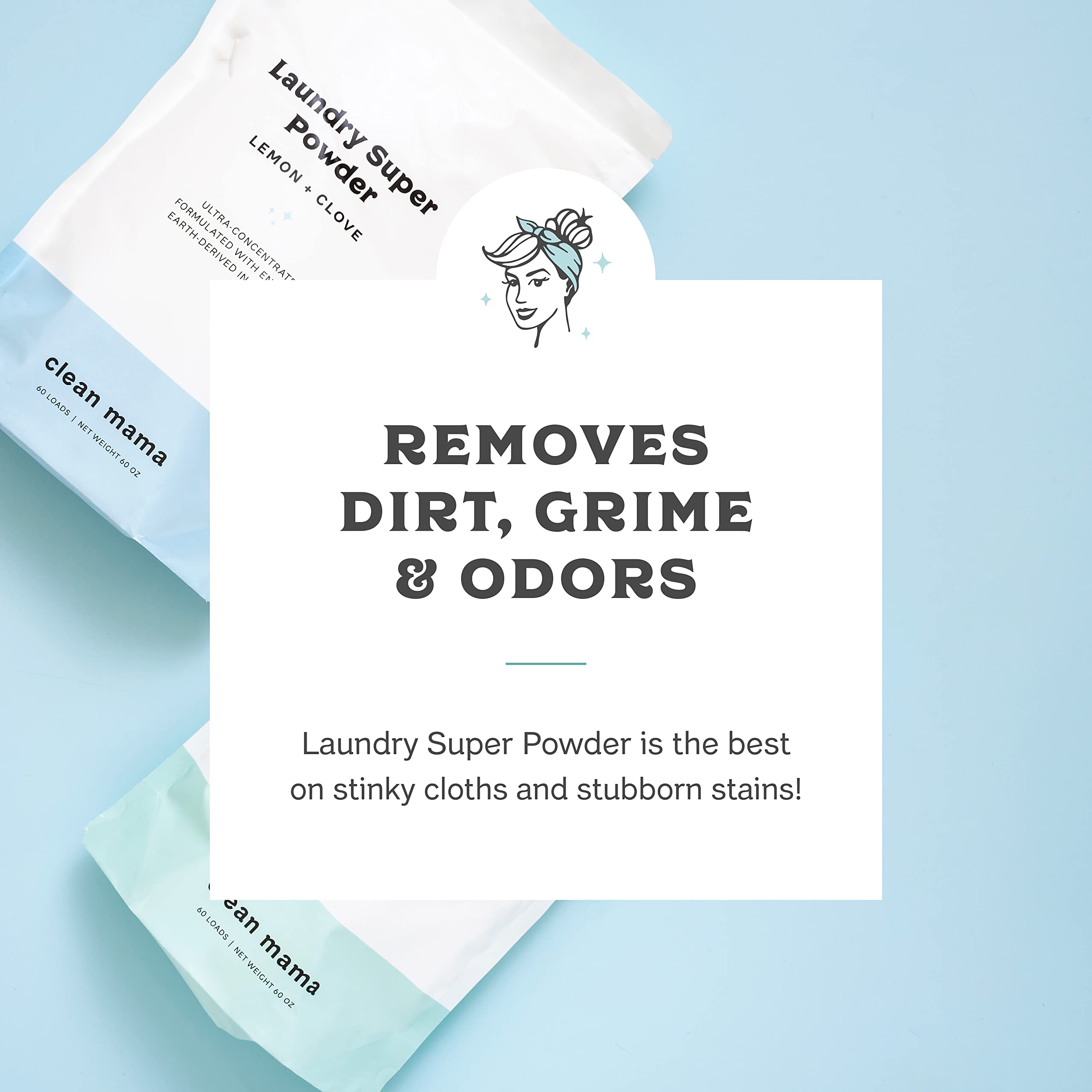 Clean Mama Extra Strength Laundry Detergent Powder - Natural Enzyme-Powered Detergent for Sensitive Skin - Fights Tough Stains & Odors - Sweet Mint Scent - 60 Loads - Perfect for Baby Clothes, Workout Gear & Household Linens