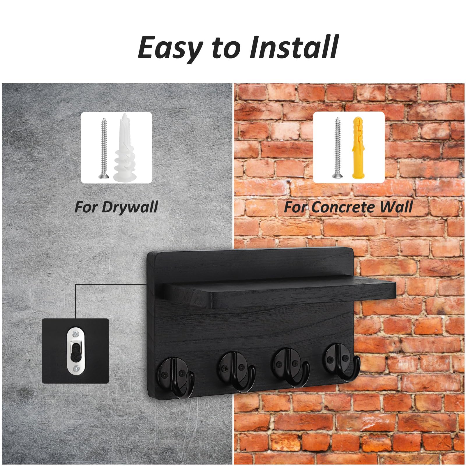 8.5 Inch Wooden Wall Key Holder with 4 Hooks & Shelf - Space Saving Entryway Organizer for Keys, Mail & Small Items - Perfect for Living Room, Kitchen or Hallway Decor (Black)
