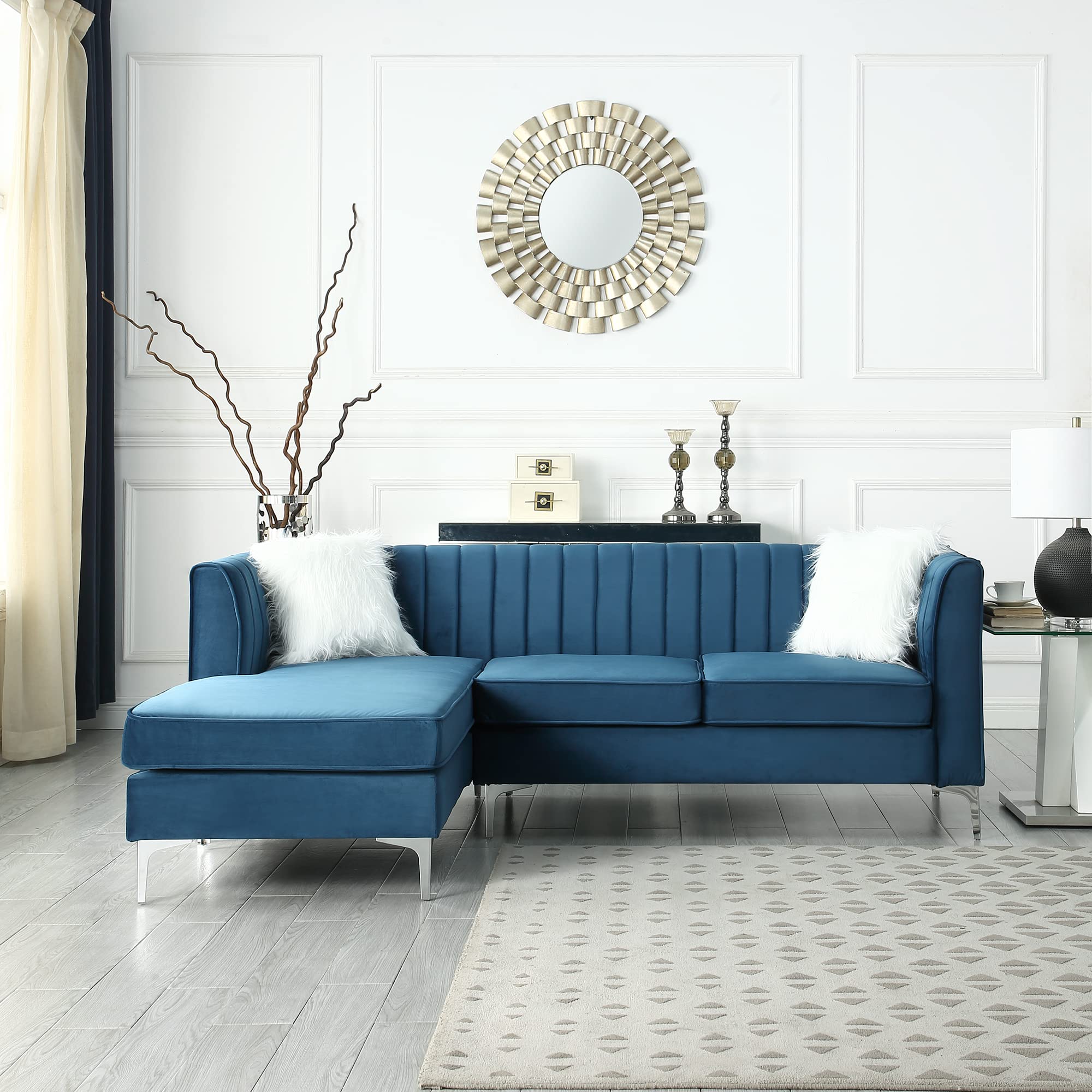 Modern Fort Blue Velvet Sectional Sofa - 85 Inch L-Shaped Couch with Chaise Lounge | Contemporary Living Room Furniture with Pillows | Perfect for Small Spaces, Apartments & Family Gatherings