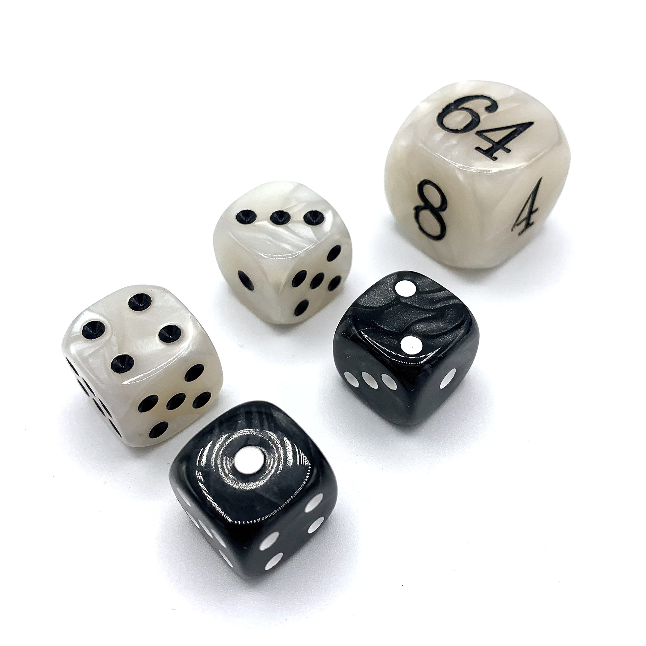 Luck Lab Backgammon Pearl Dice Set - 22mm Doubling Cube & Four 16mm Dice with Bonus Storage Bag, Black/White Marbleized - Premium Game Accessories for Backgammon, Board Games, Casino Night & Gifts
