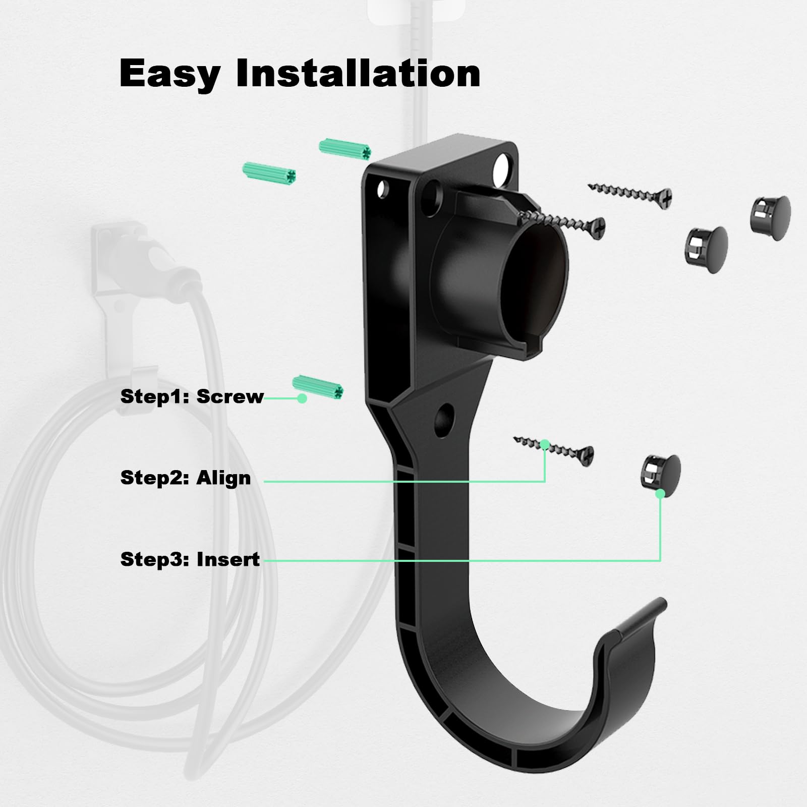 SAE J1772 EV Charger Holder - Wall Mount Electric Vehicle Charger Holster with Hook & Dust Caps (Includes 3 Screws, 3 Wall Anchors) - Perfect for Home & Public Charging Stations