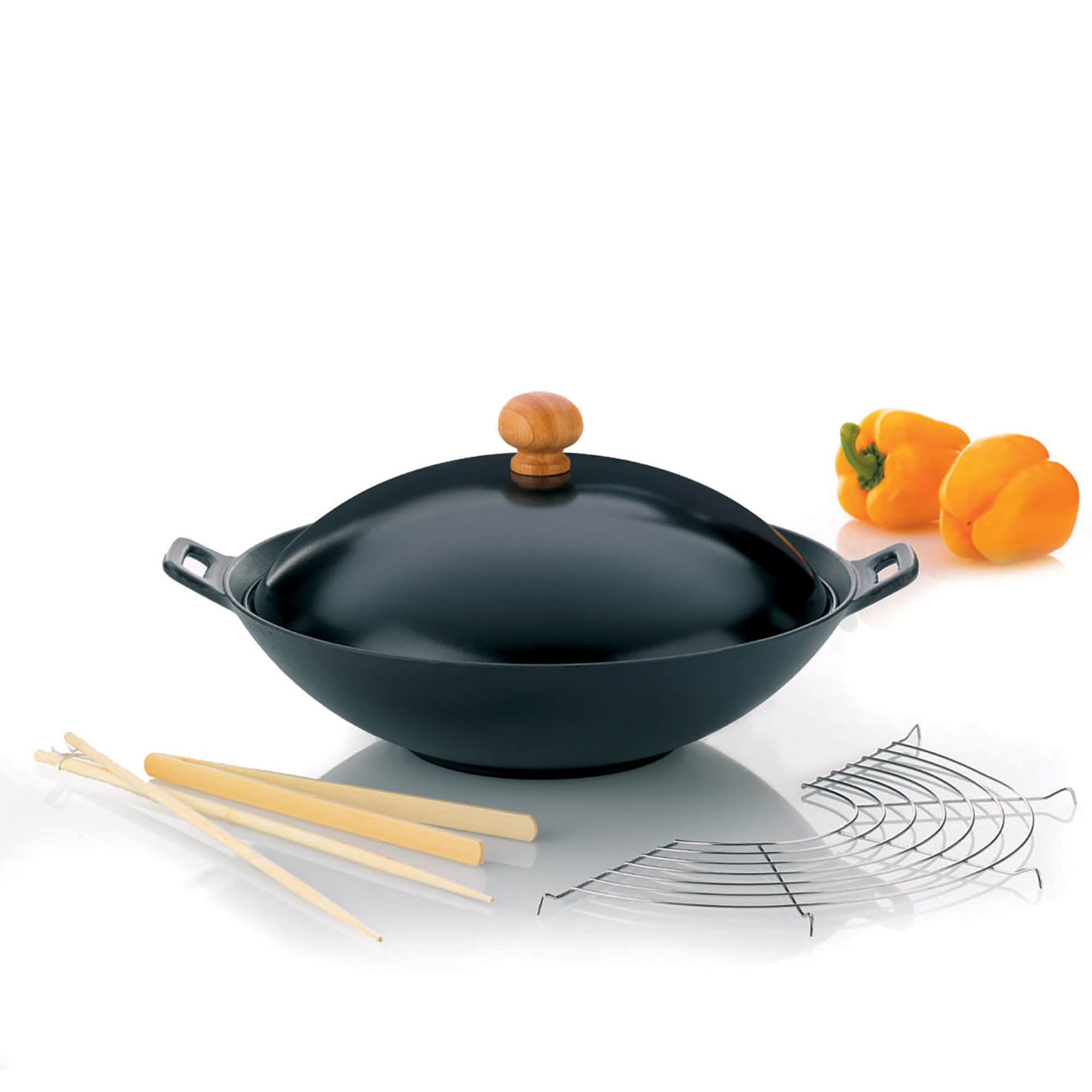 Kela Classic Asian 5-Piece Cast Iron Wok Set - 36cm Black Stir Fry Pan with Lid & Accessories for Asian Cooking, Home Kitchen & Professional Use