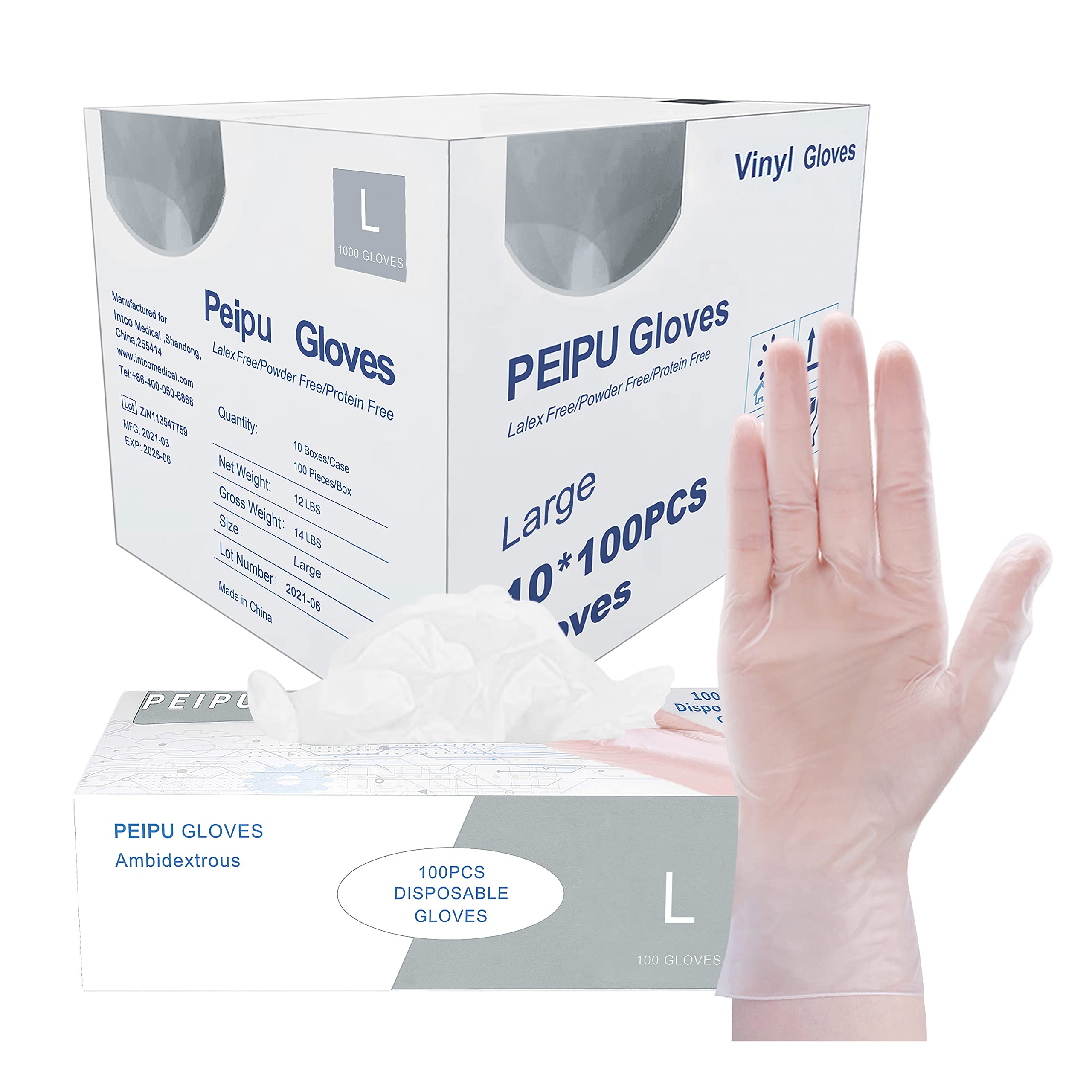 PEIPU Disposable Vinyl Gloves - Powder Free, Latex Free, Non-Sterile - Ideal for Cleaning, Food Handling & Medical Use
