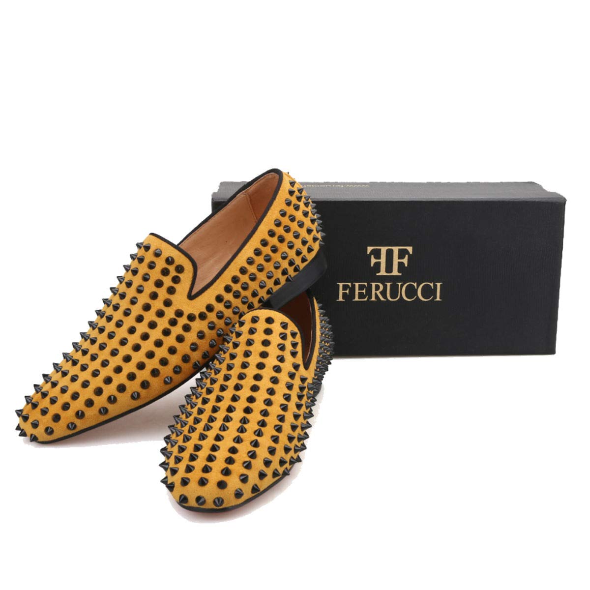 FERUCCI Men's Gold Yellow Velvet Loafers with Black Spikes & Rivets - Comfortable Slip-On Dress Shoes for Wedding, Prom, Party & Formal Occasions
